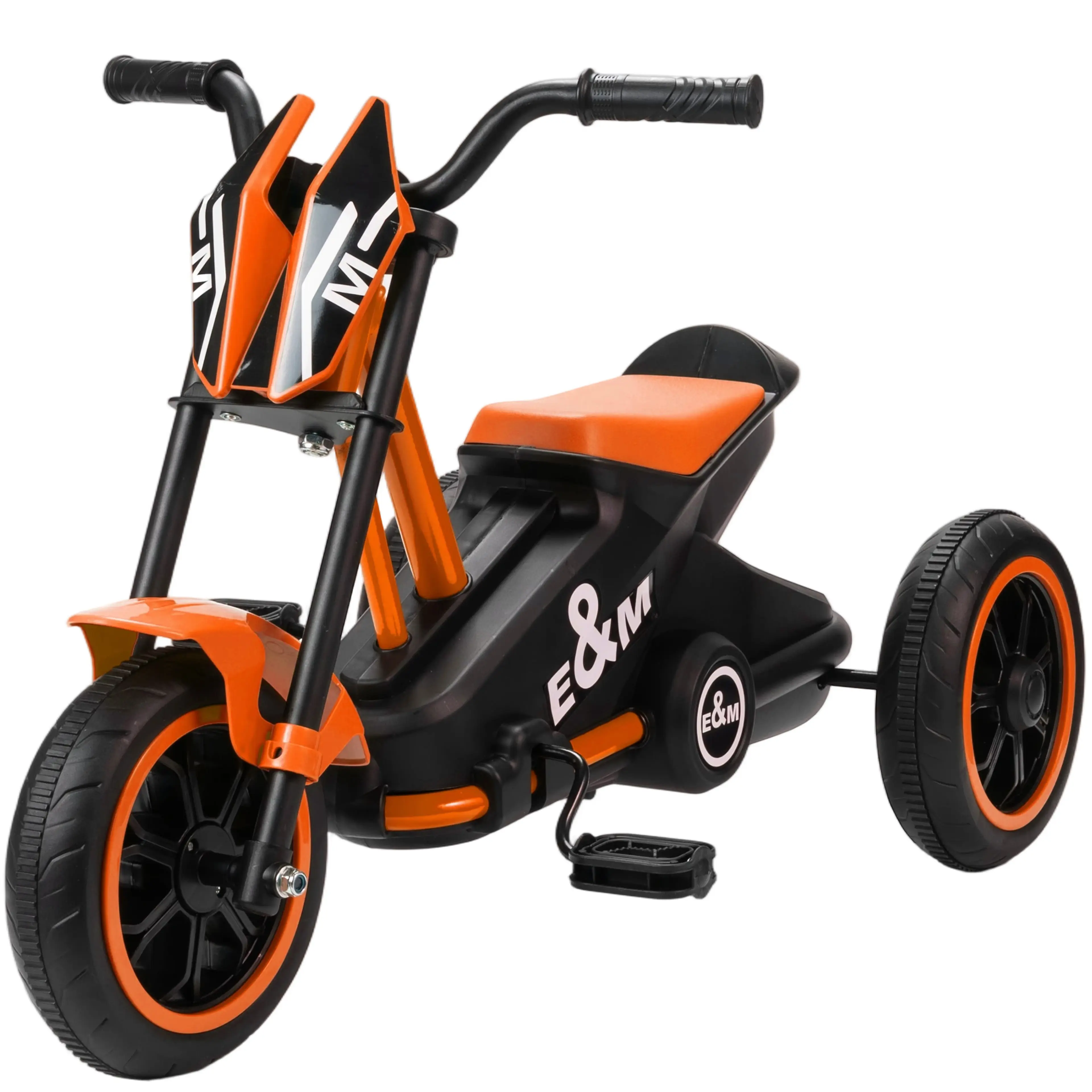 Trehjuling i orange och svart i motorcykeldesign med pedaler på framhjulet