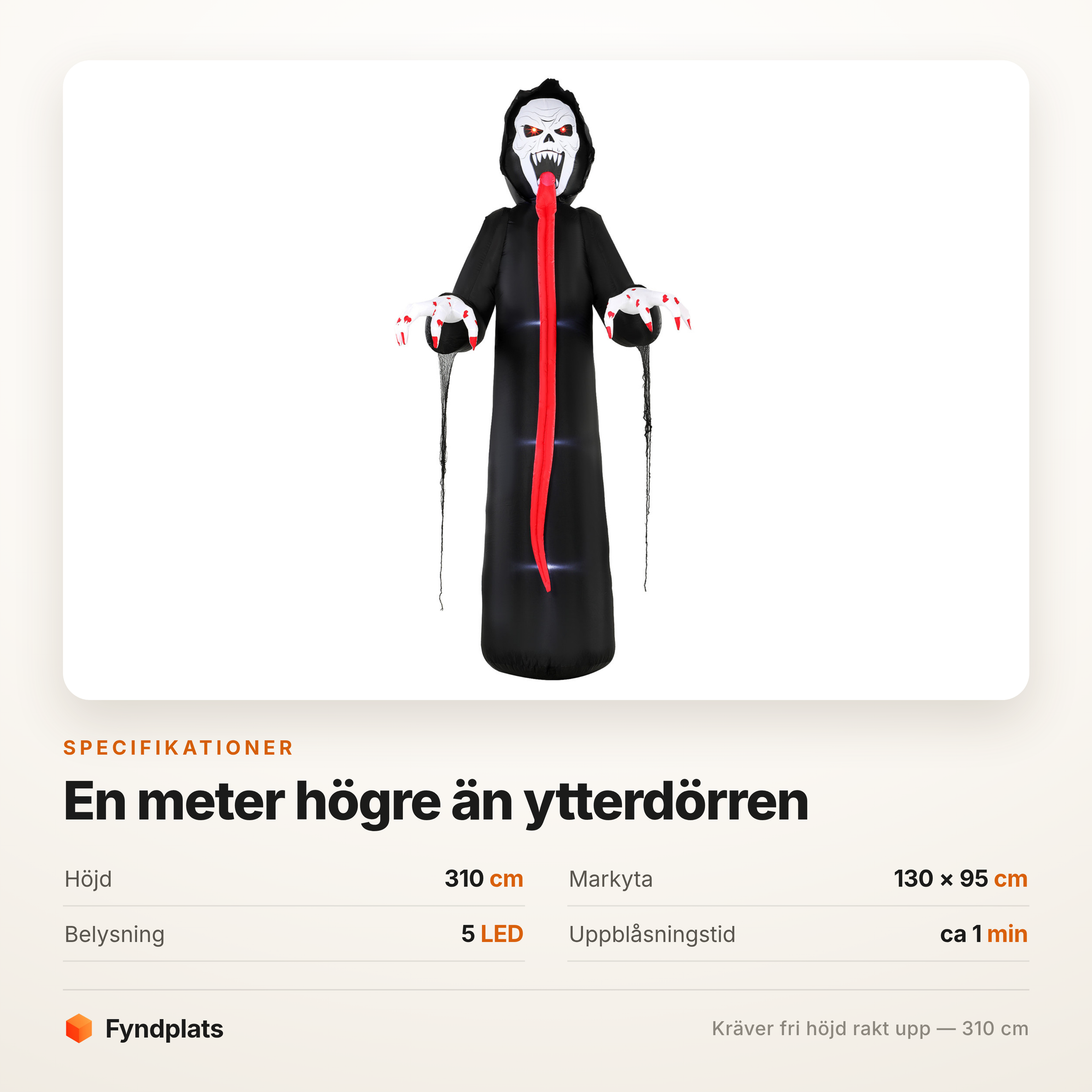 Specifikationer: 310 cm högt, markyta 130 × 95 cm och fem LED