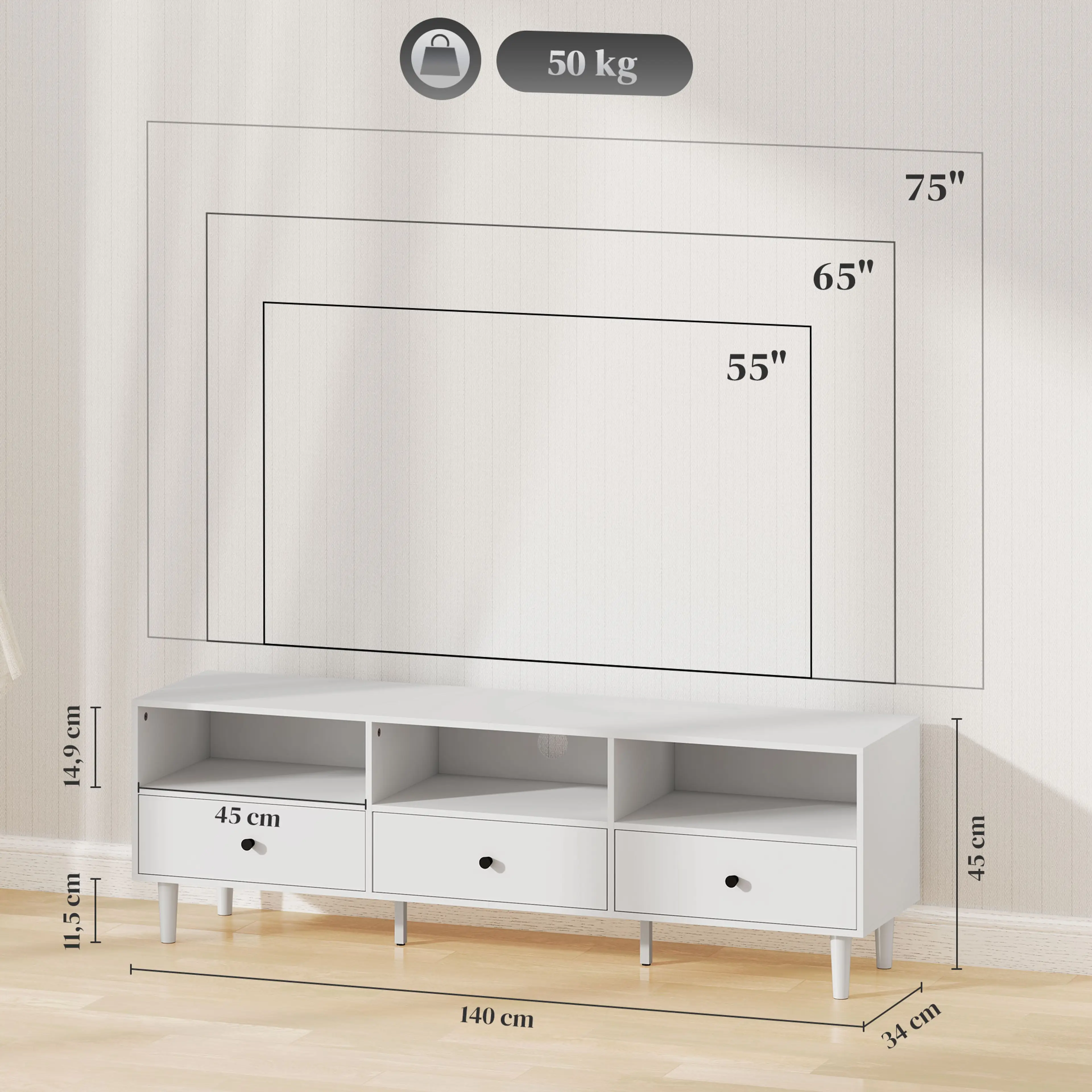 Måttritning över TV-bänken med 140 cm bredd, 34 cm djup och 45 cm höjd