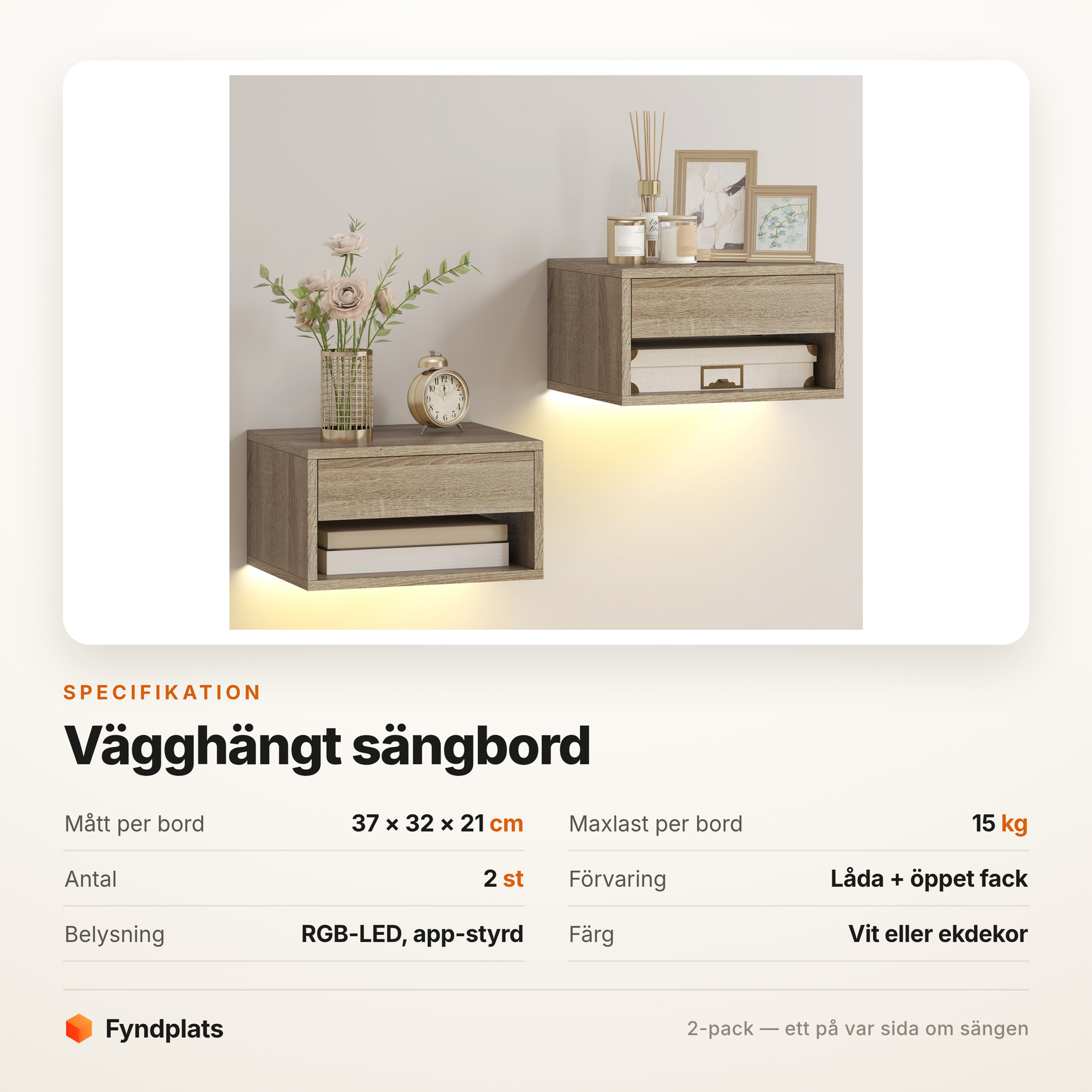 Fyndplats specifikationskort för det vägghängda sängbordet: 37 × 32 × 21 cm per bord, max 15 kg, 2-pack, låda och öppet fack, app-styrd RGB-LED, vit eller ekdekor.