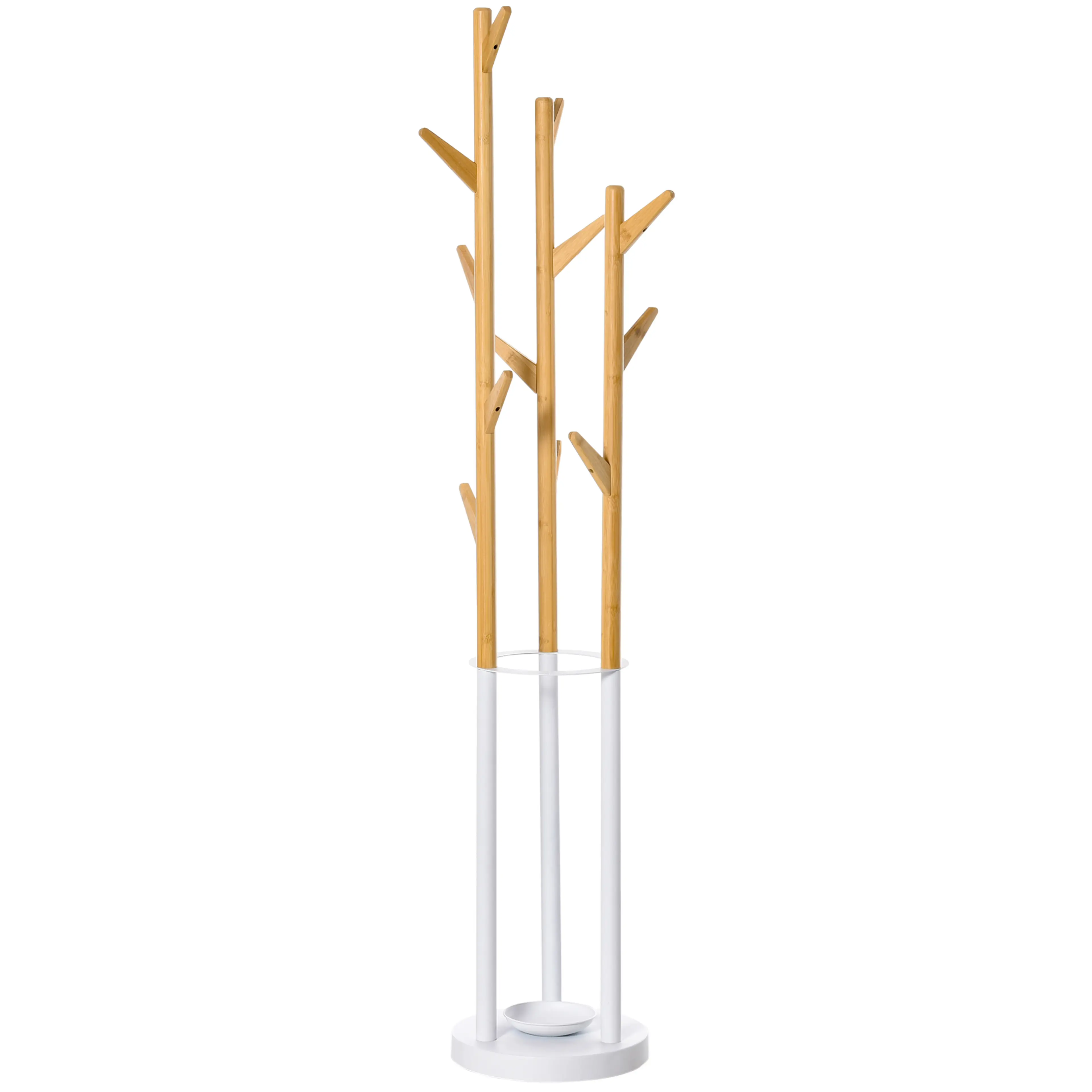 Smalt klädställ i bambu med grenformade krokar och vit fot med paraplyställ