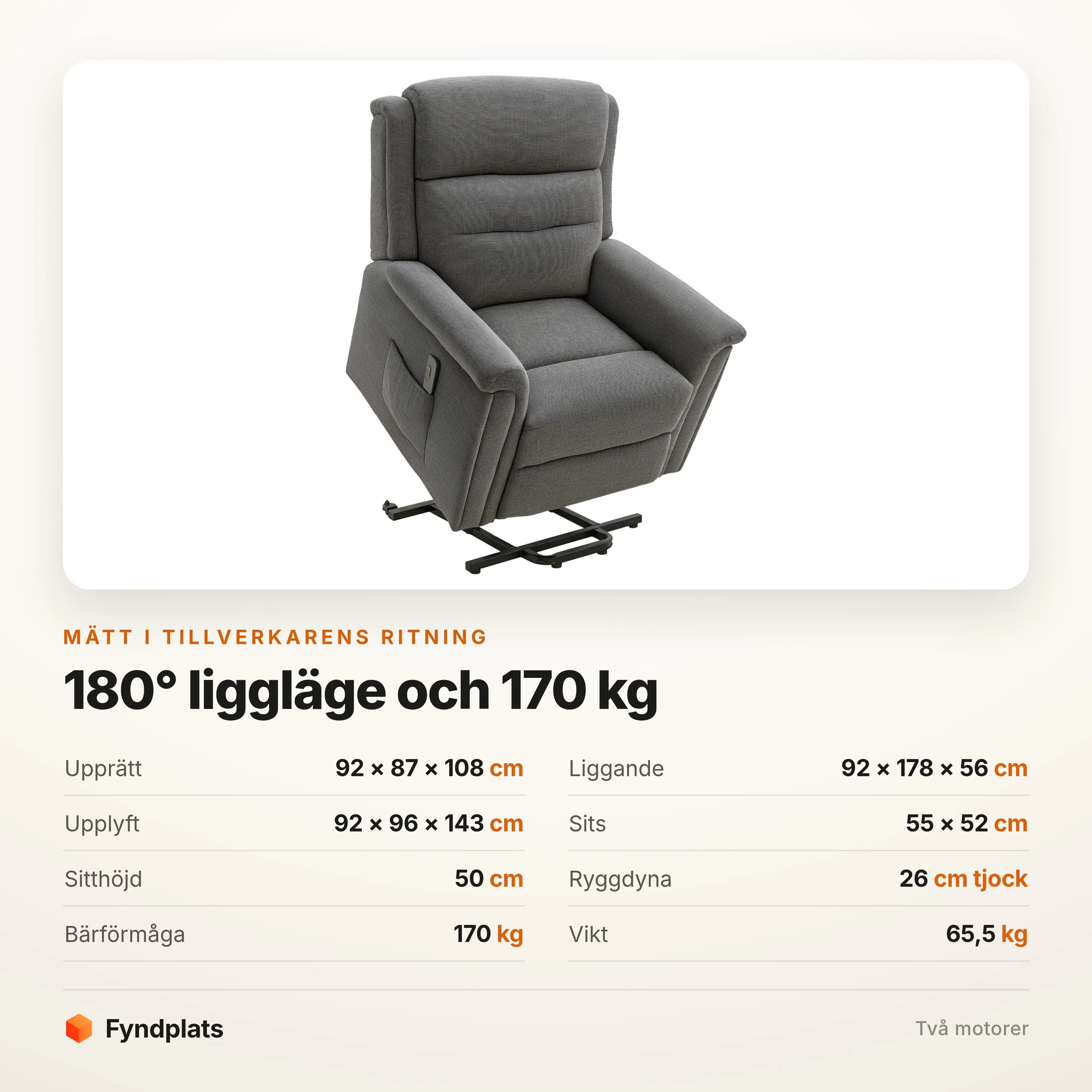 Specifikationer: 92 × 87 × 108 cm upprätt, 178 cm plant, bär 170 kg