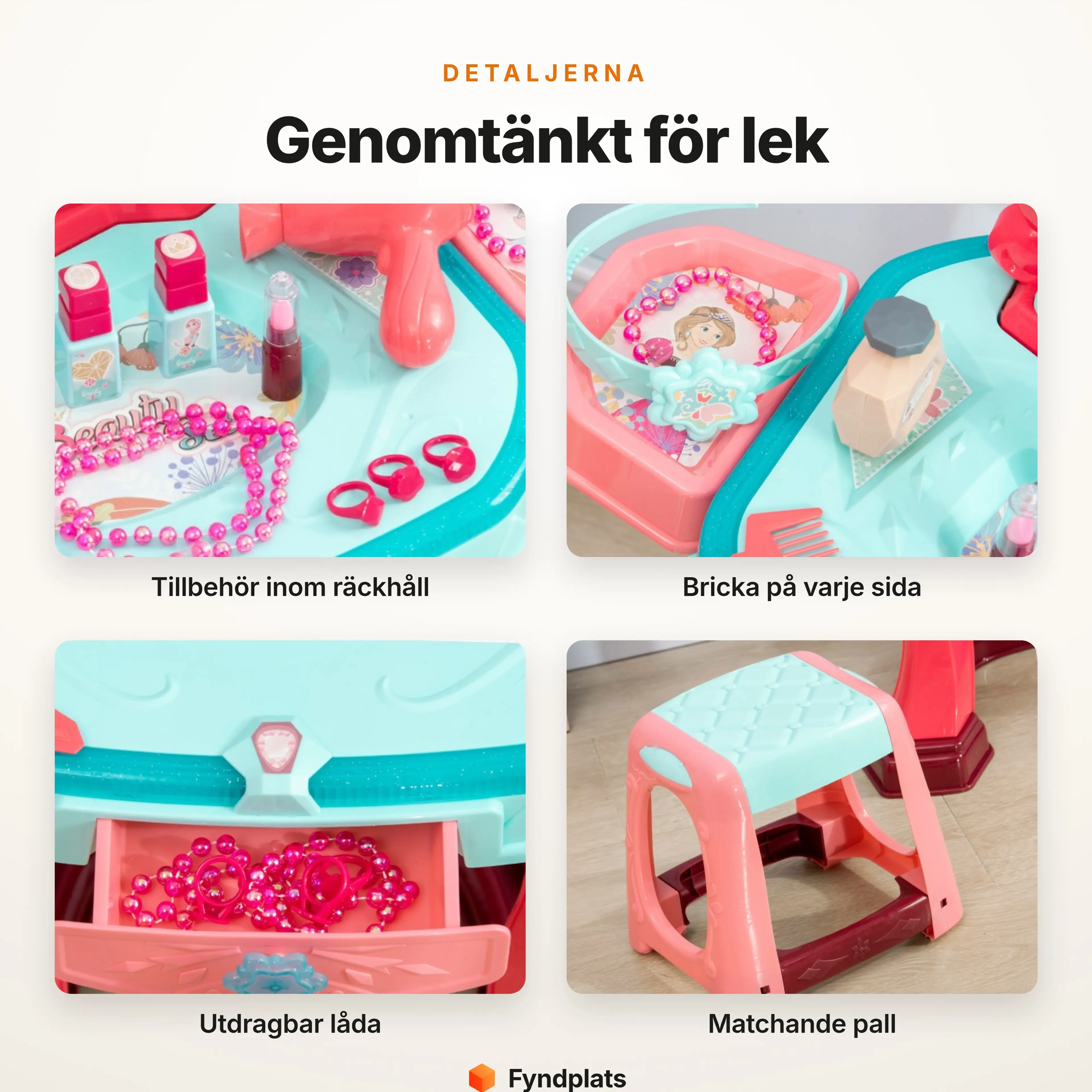 Detaljer på leksakssminkbordet: bordsskiva med tillbehör, sidobricka, utdragbar låda och matchande pall