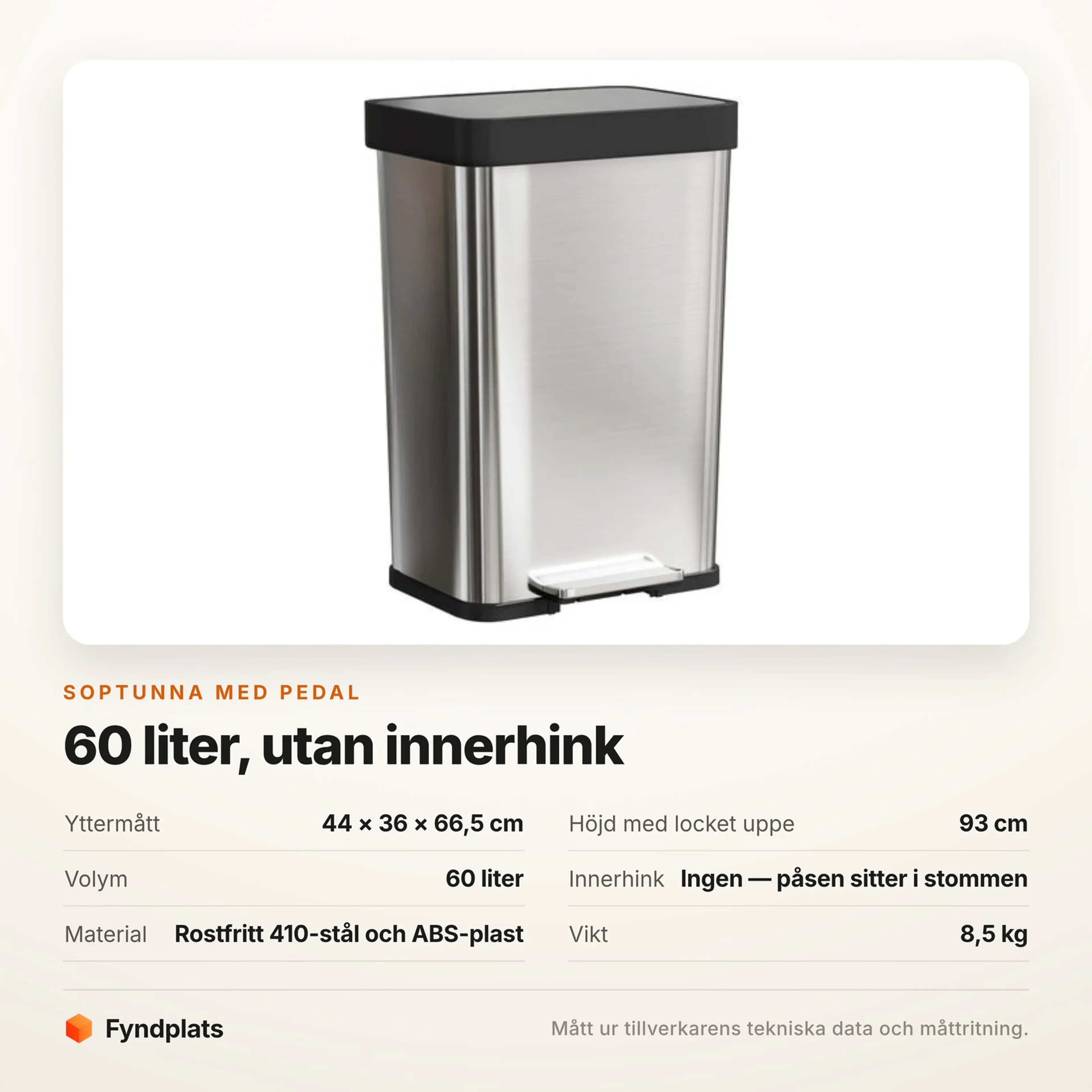 Specifikationskort för 60-literstunnan med mått, öppningshöjd och volym