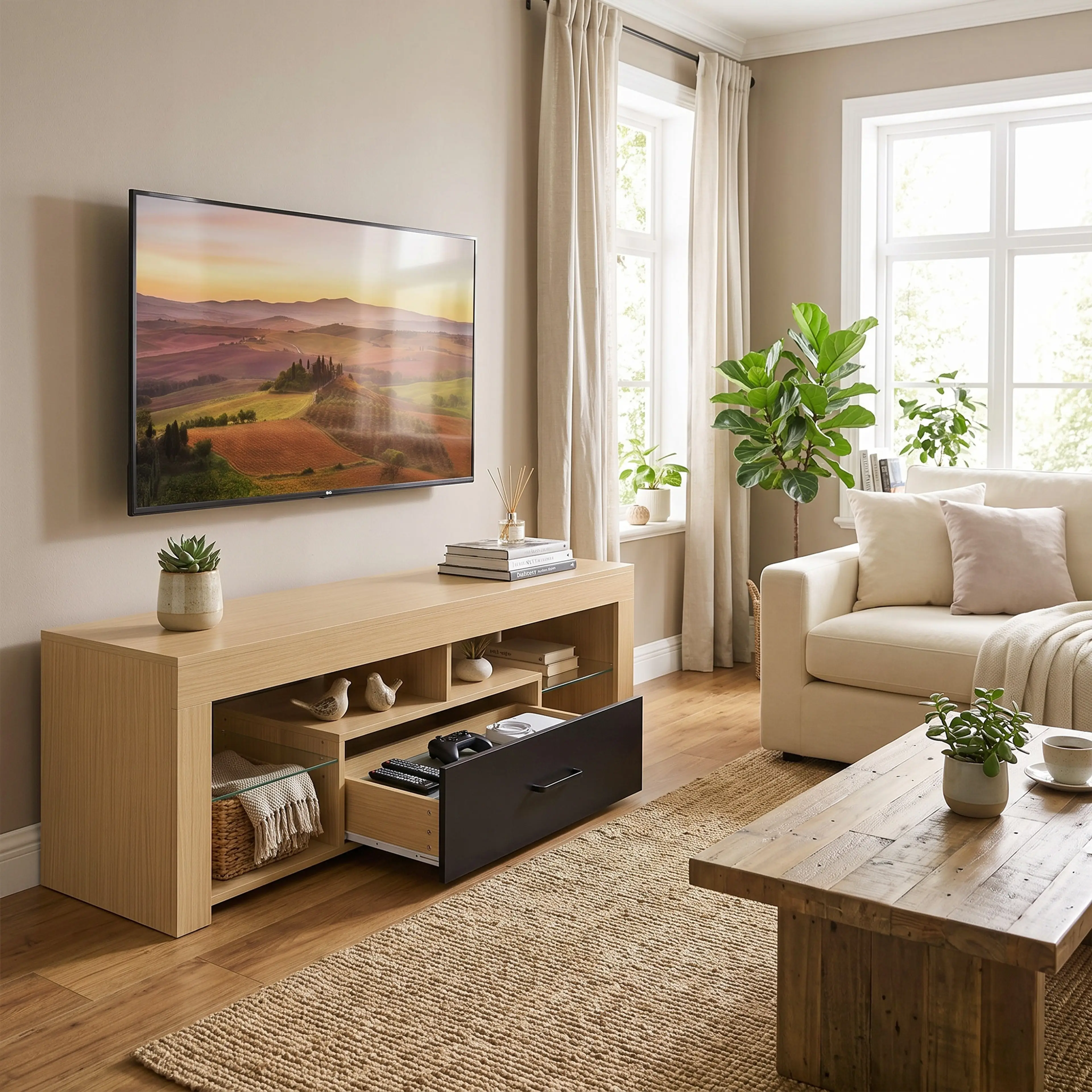 TV-bänk i ek med glashylla, 140 cm – bild 5