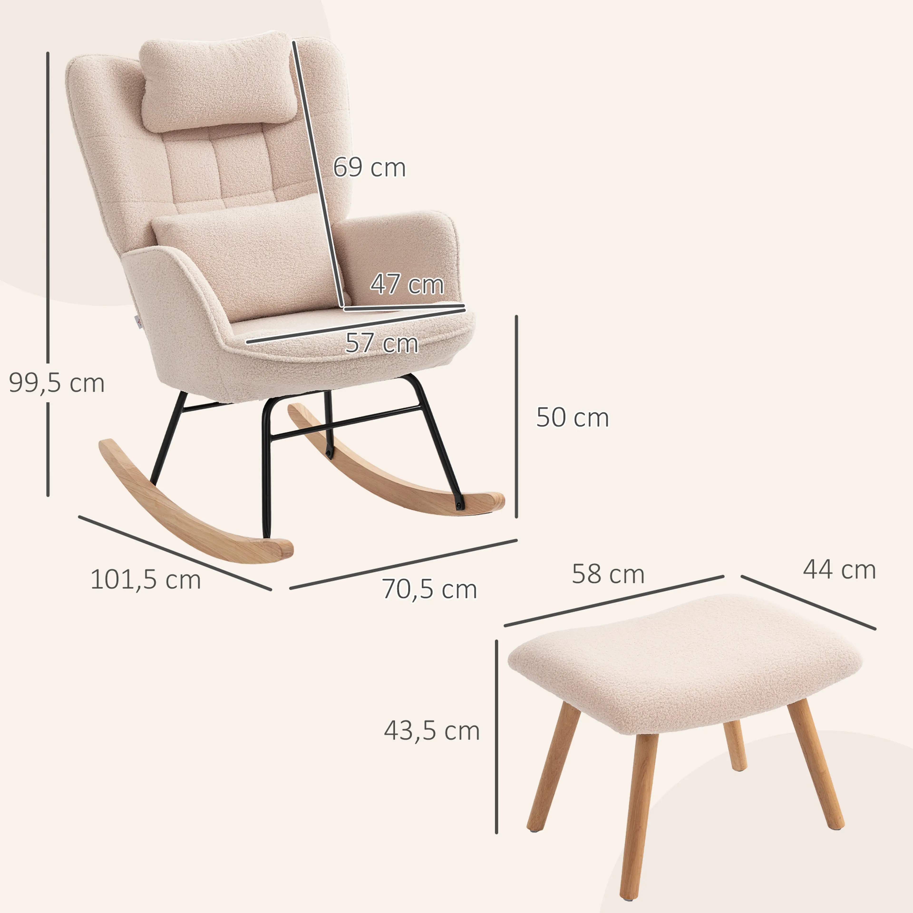 Måttskiss: 101,5 × 70,5 cm golvyta, 99,5 cm höjd och fotpall 58 × 44 cm