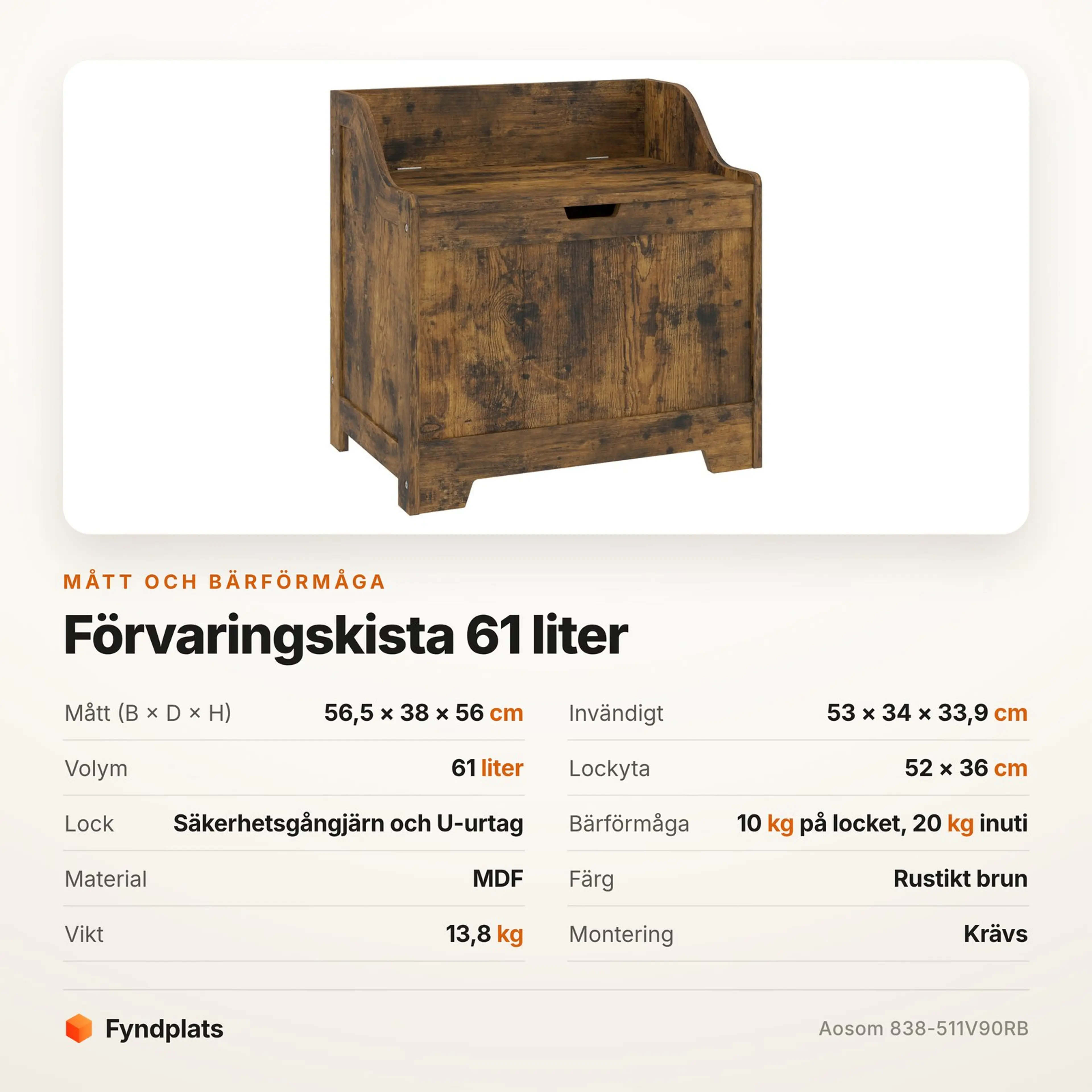 Fyndplats specifikationskort för förvaringskistan med mått och bärförmåga