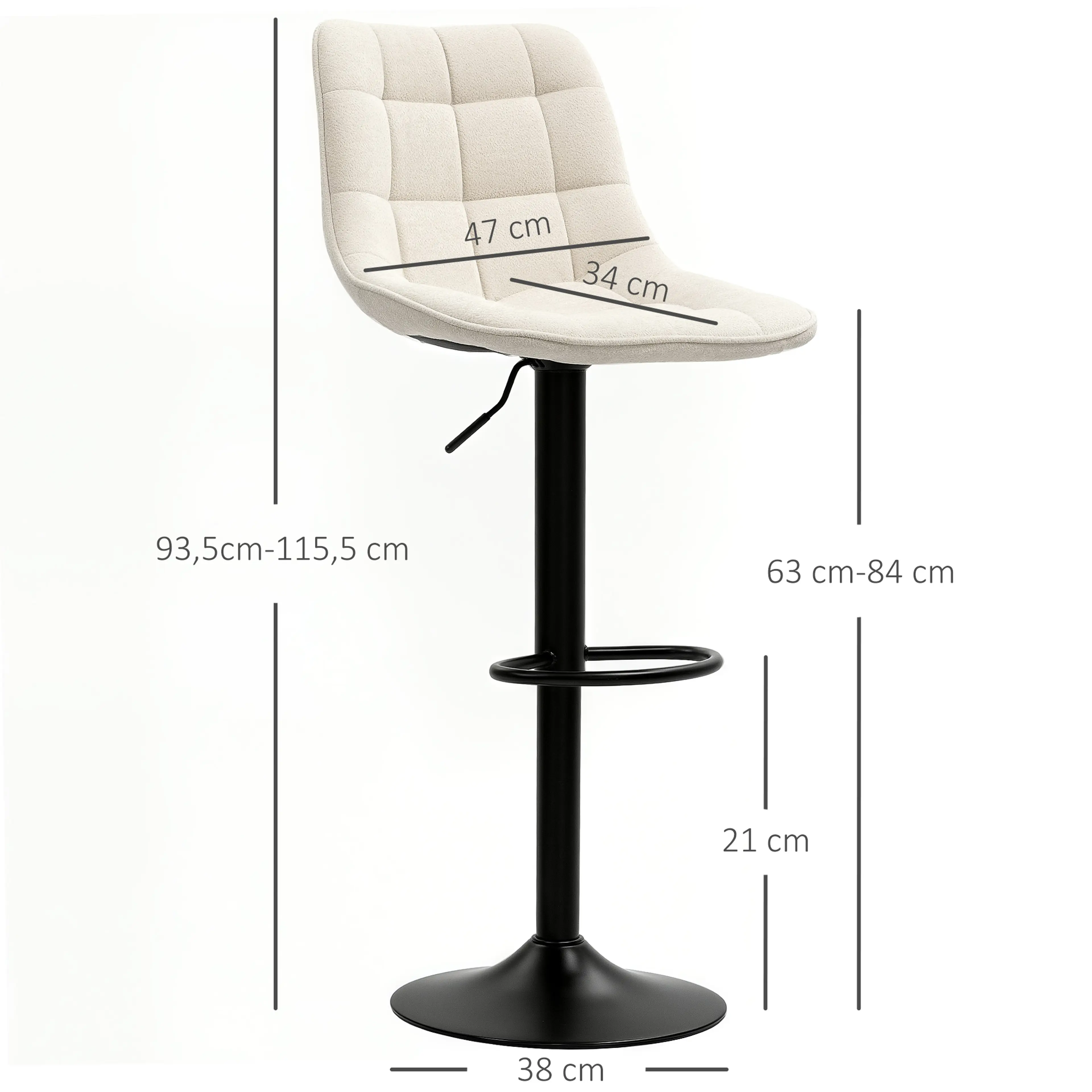 Måttbild: stolen är 93,5–115,5 cm hög, sitsen 47 × 34 cm och 63–84 cm hög och foten Ø38 cm