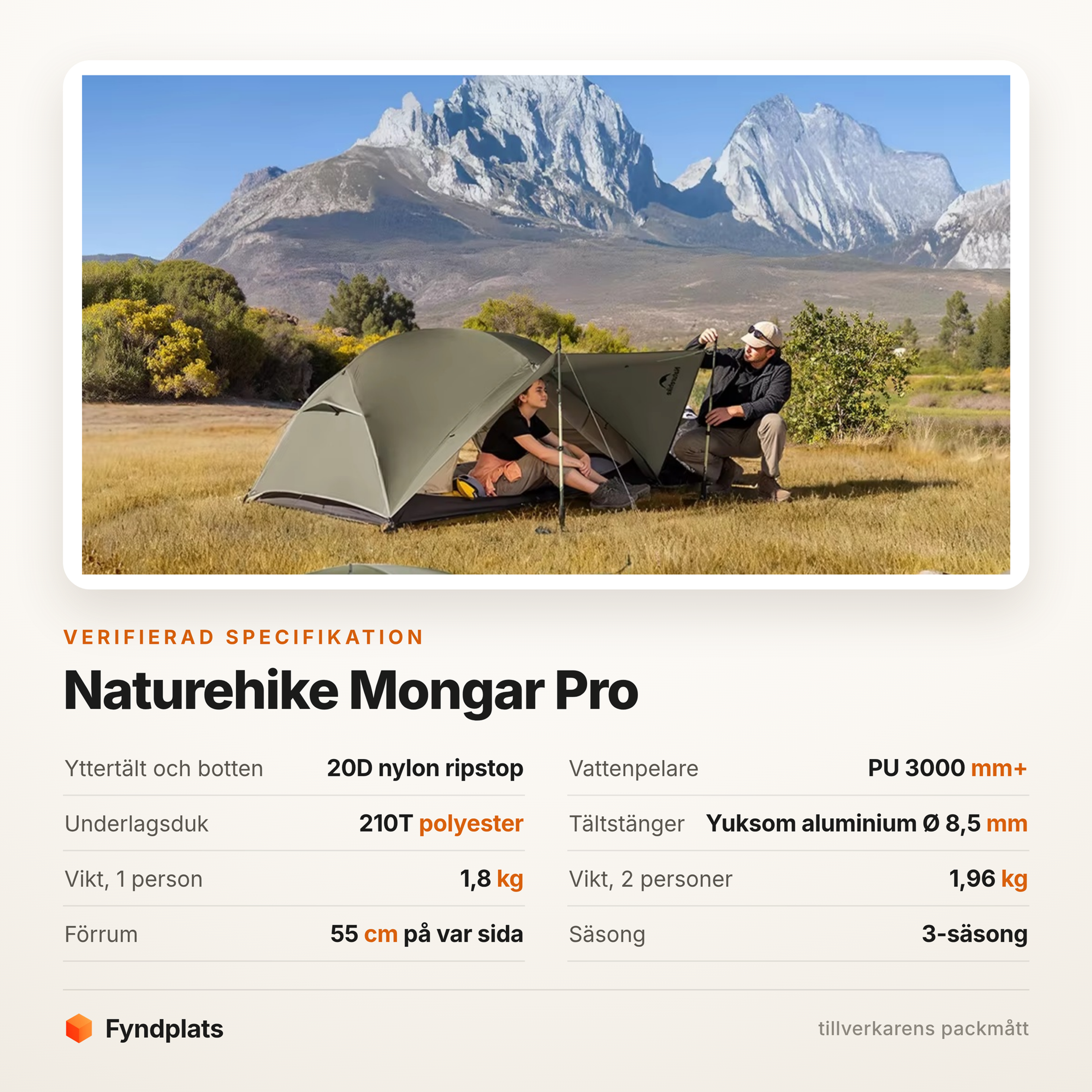 Specifikation: 20D ripstop-nylon, PU 3000 mm, Yuksom-aluminium Ø 8,5 mm och 55 cm förrum