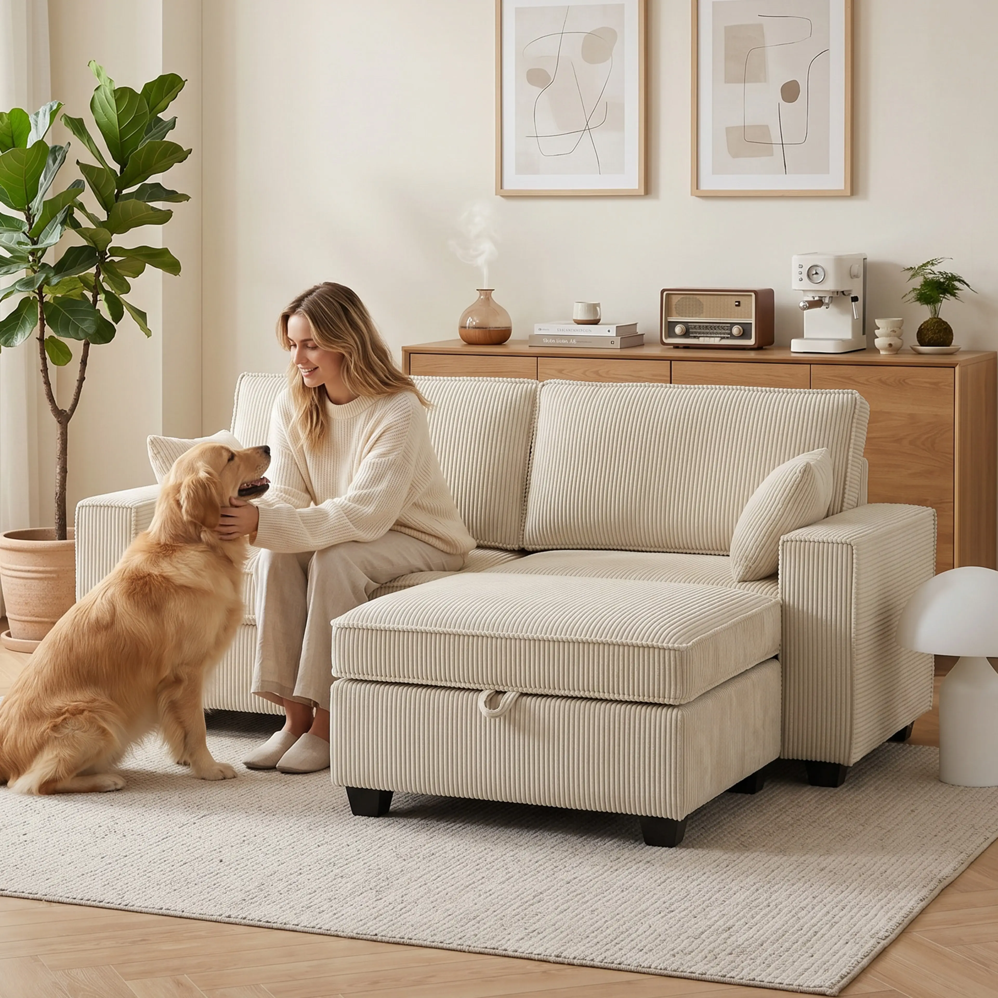 Hörnsoffa beige 216 cm med förvaring i ottomanen – manchester, bär 400 kg – bild 6