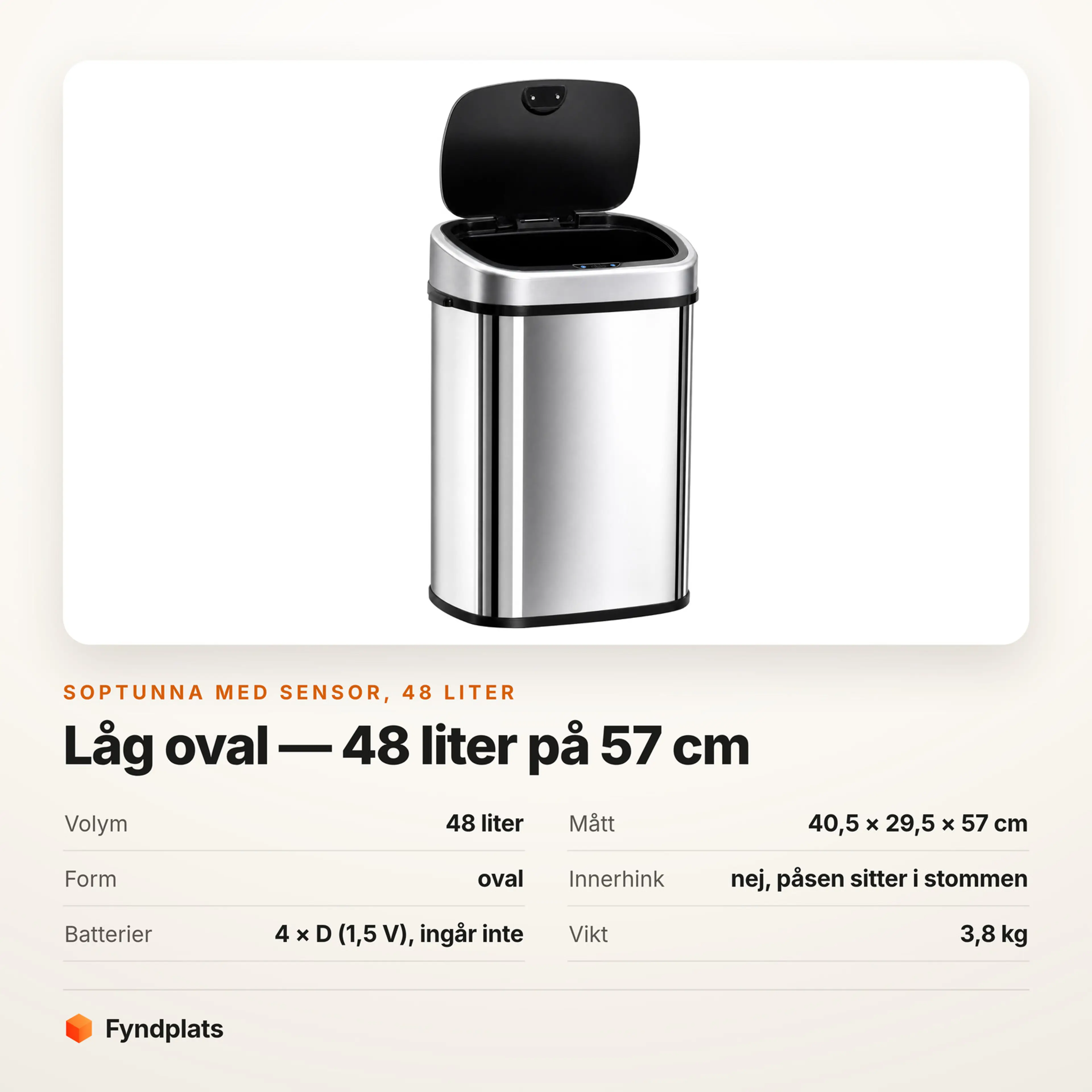 Faktakort: oval soptunna med sensor 48 liter, mått, form och batterier