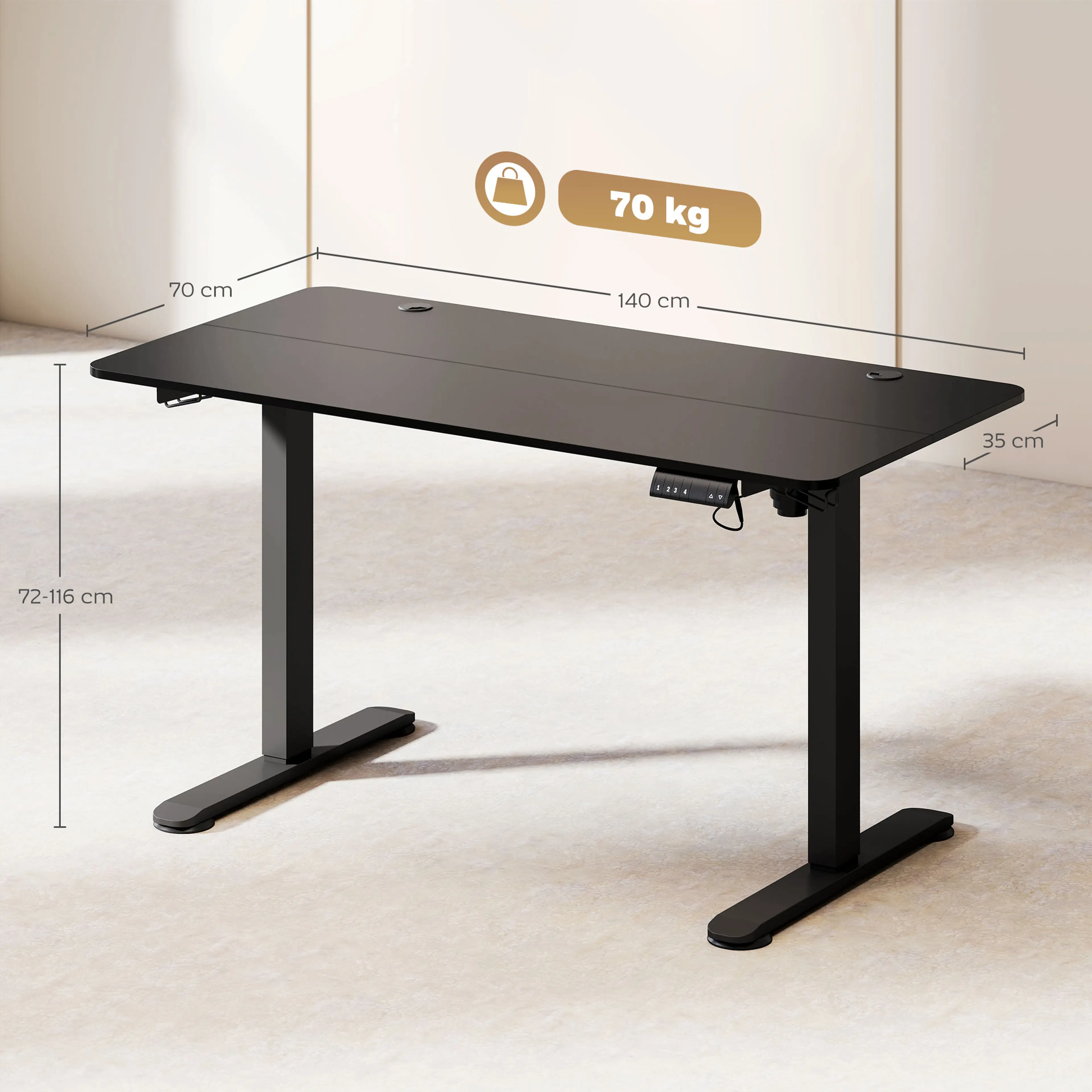 Måttskiss: skiva 140 × 70 cm och höjd 72–116 cm, maxlast 70 kg