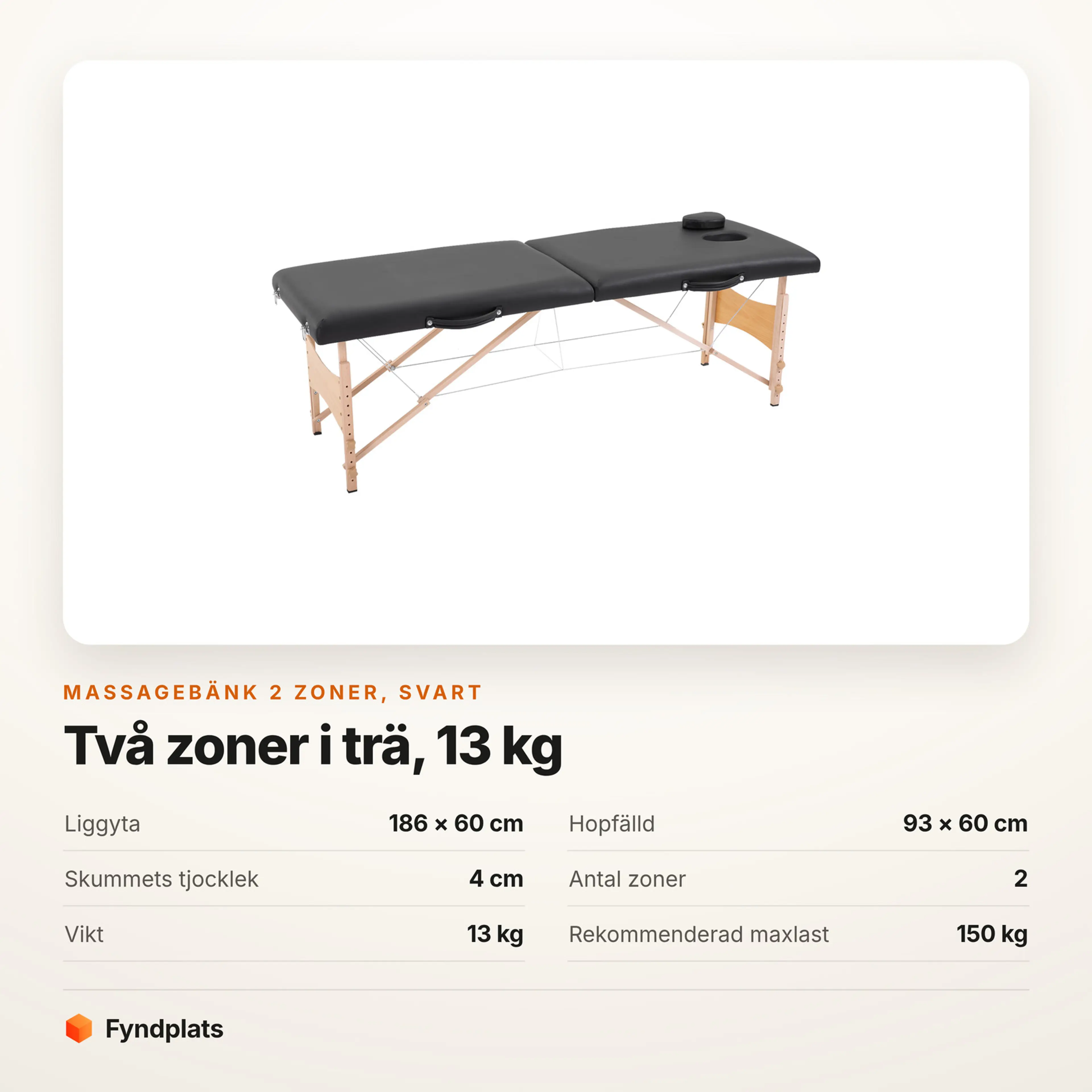 Faktakort: massagebänk 2 zoner svart, liggyta, vikt och maxlast