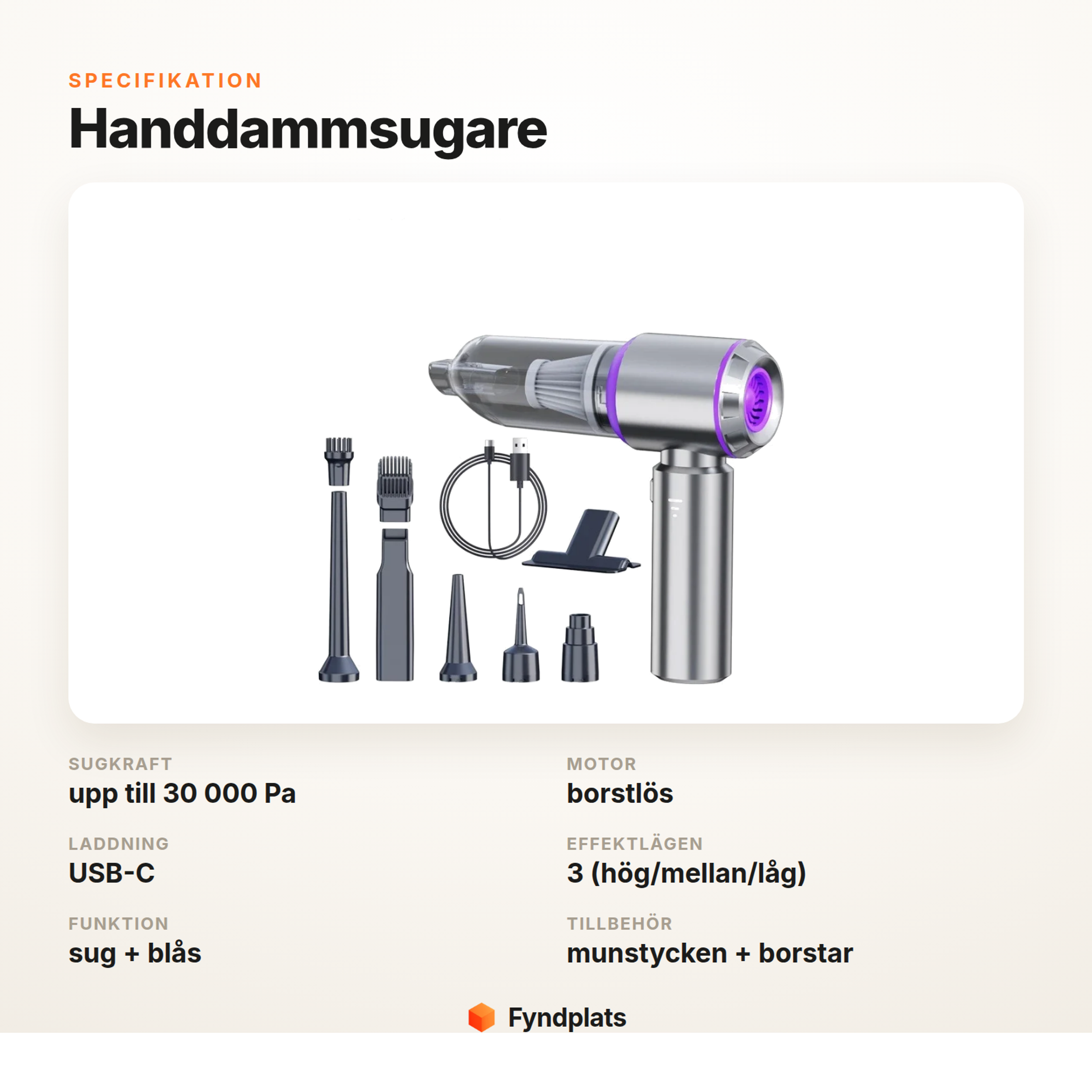 Specifikation för sladdlös handdammsugare – 30 000 Pa, borstlös motor och USB-C