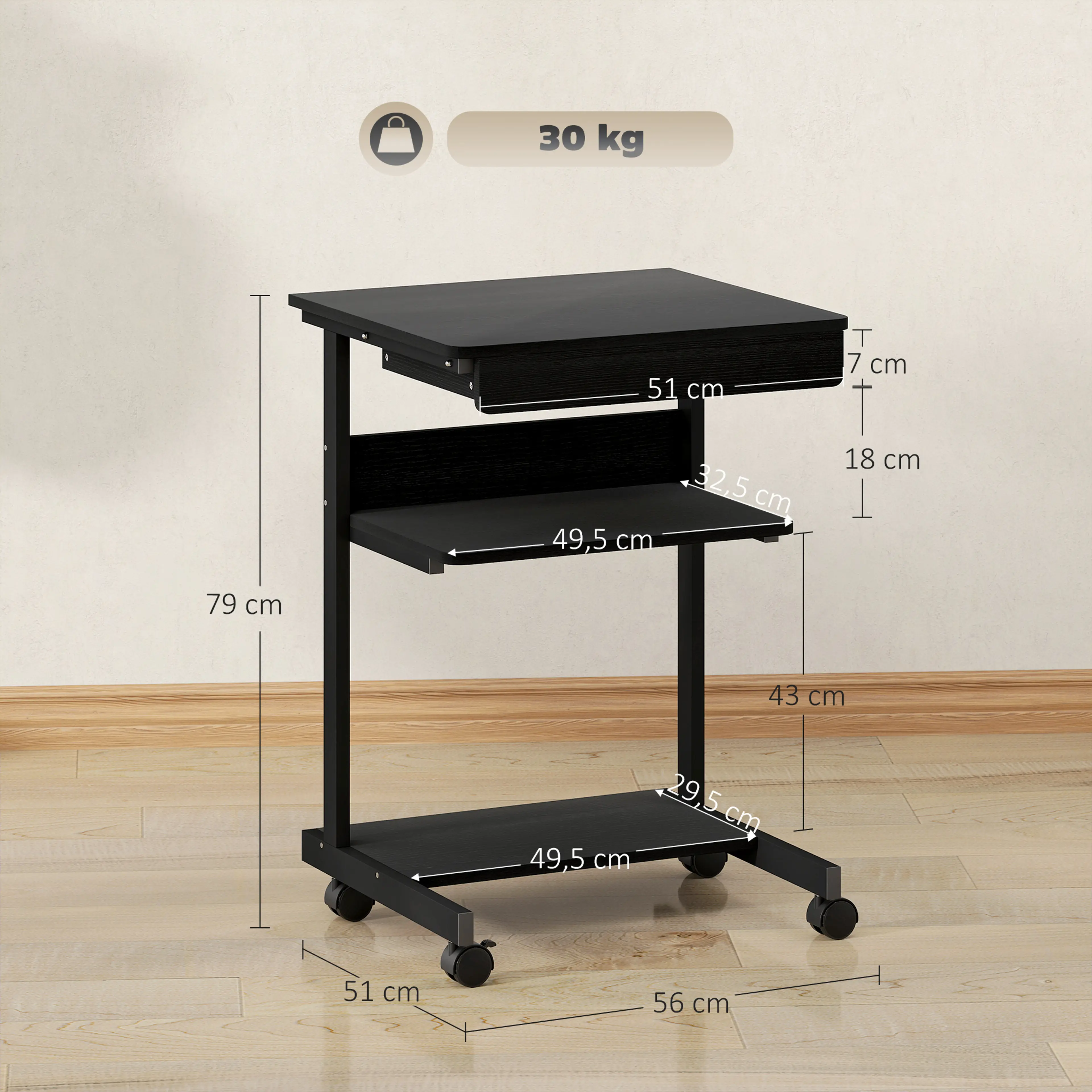 Måttbild: datorbordet är 56 × 51 cm och 79 cm högt och bär 30 kg