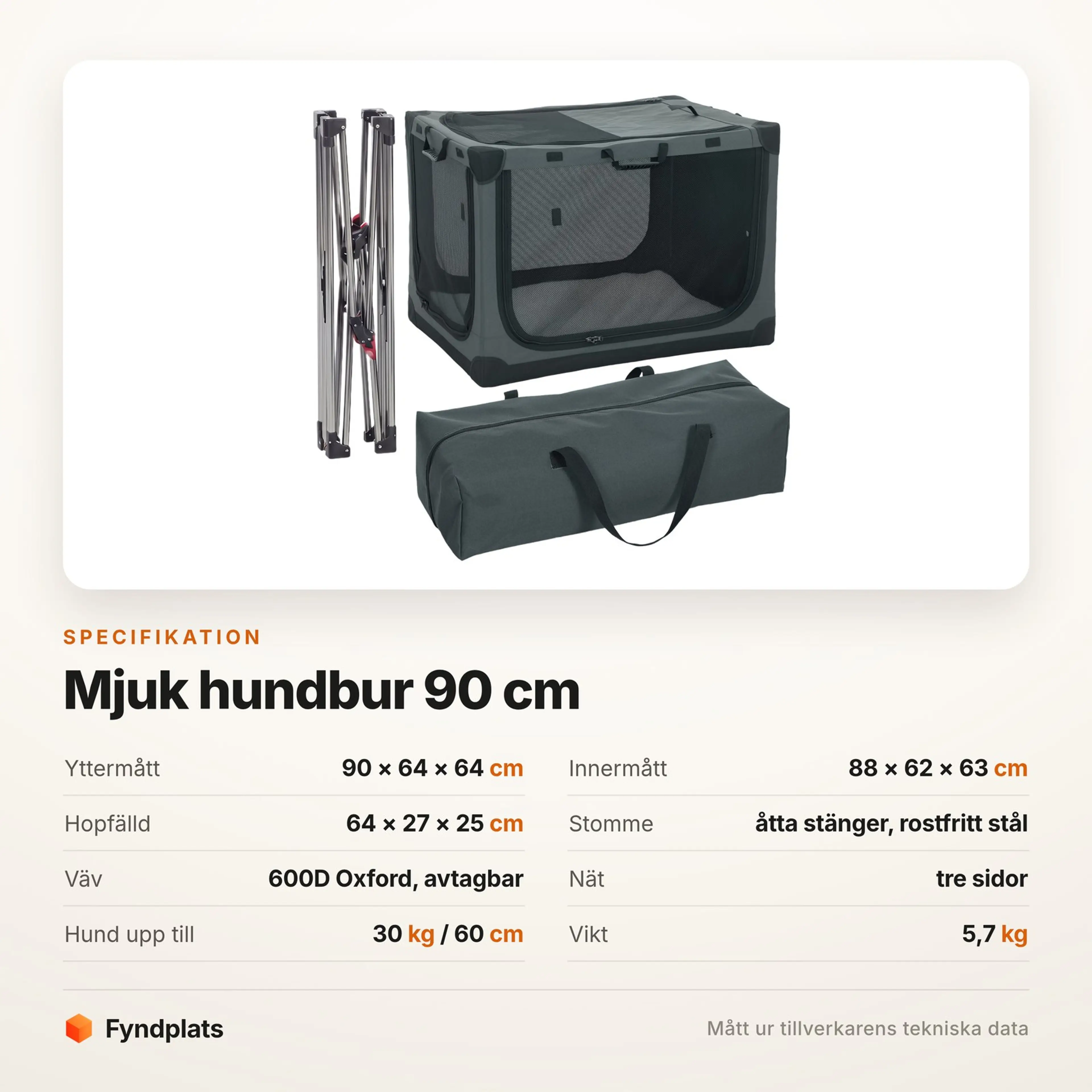 Spec-kort för mjuk hundbur 90 cm med mått, hopfällt mått och material