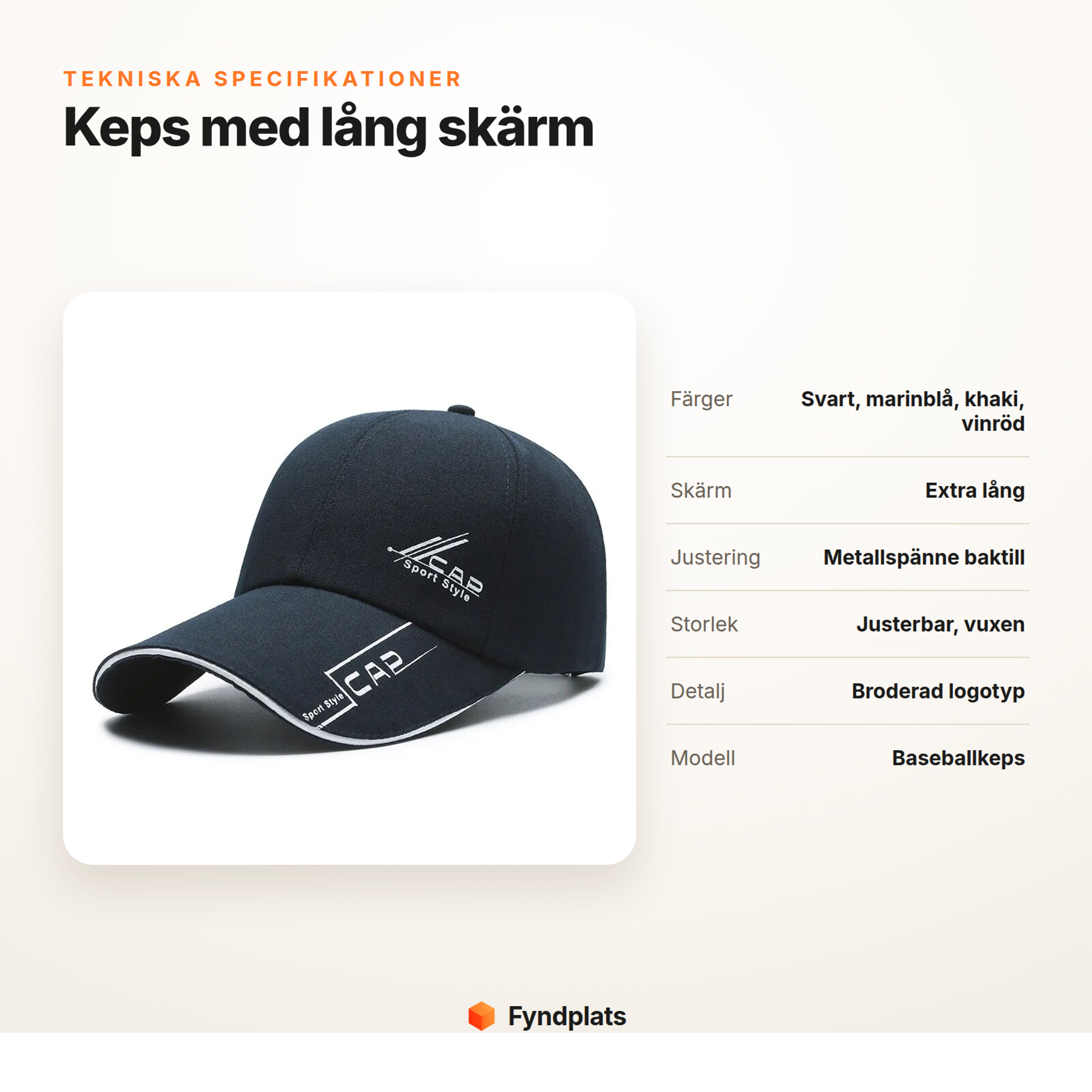 Fyndplats specifikationskort för kepsen med färger, skärm och justering