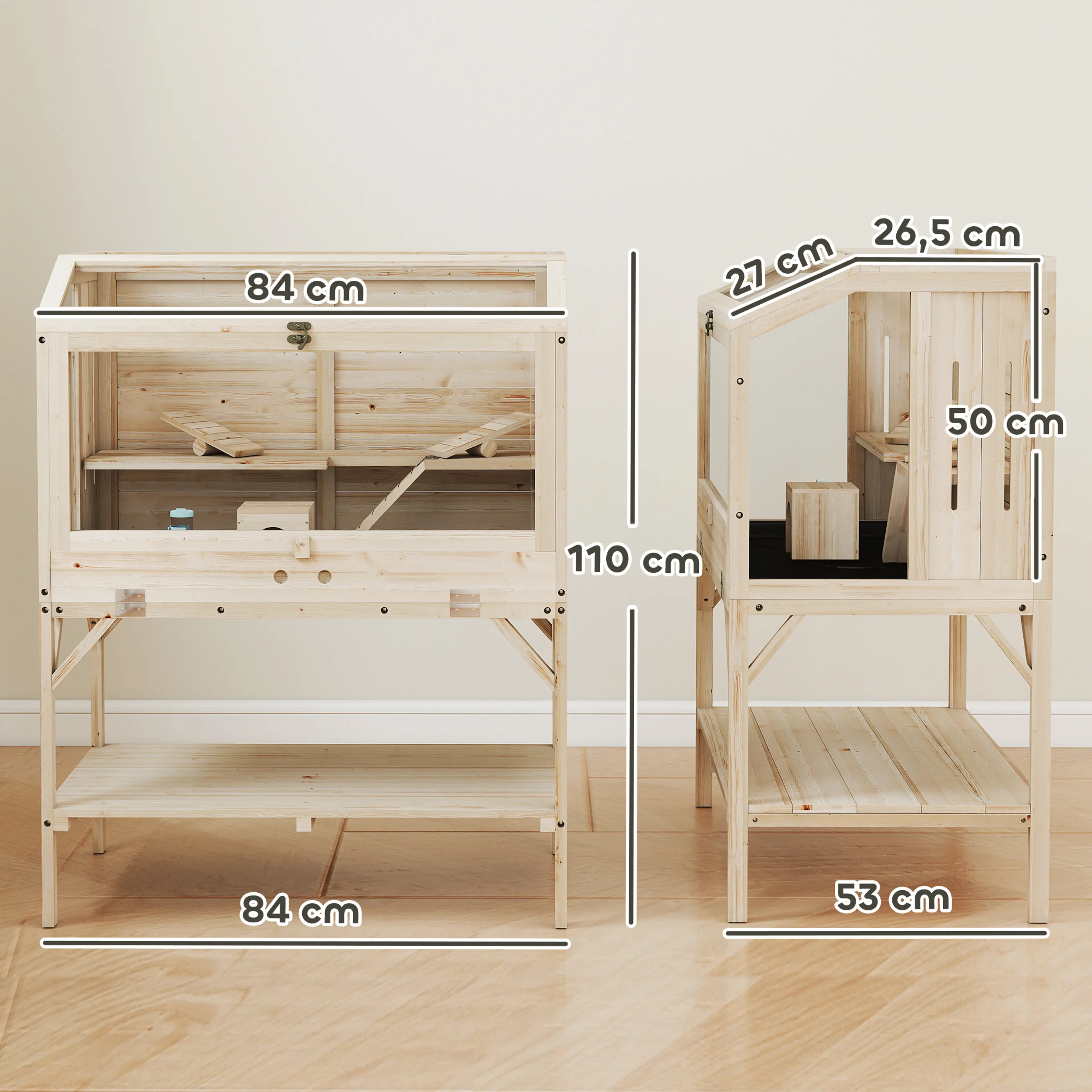 Hamsterbur i trä med förvaringshylla, 84 × 53 × 110 cm – bild 5
