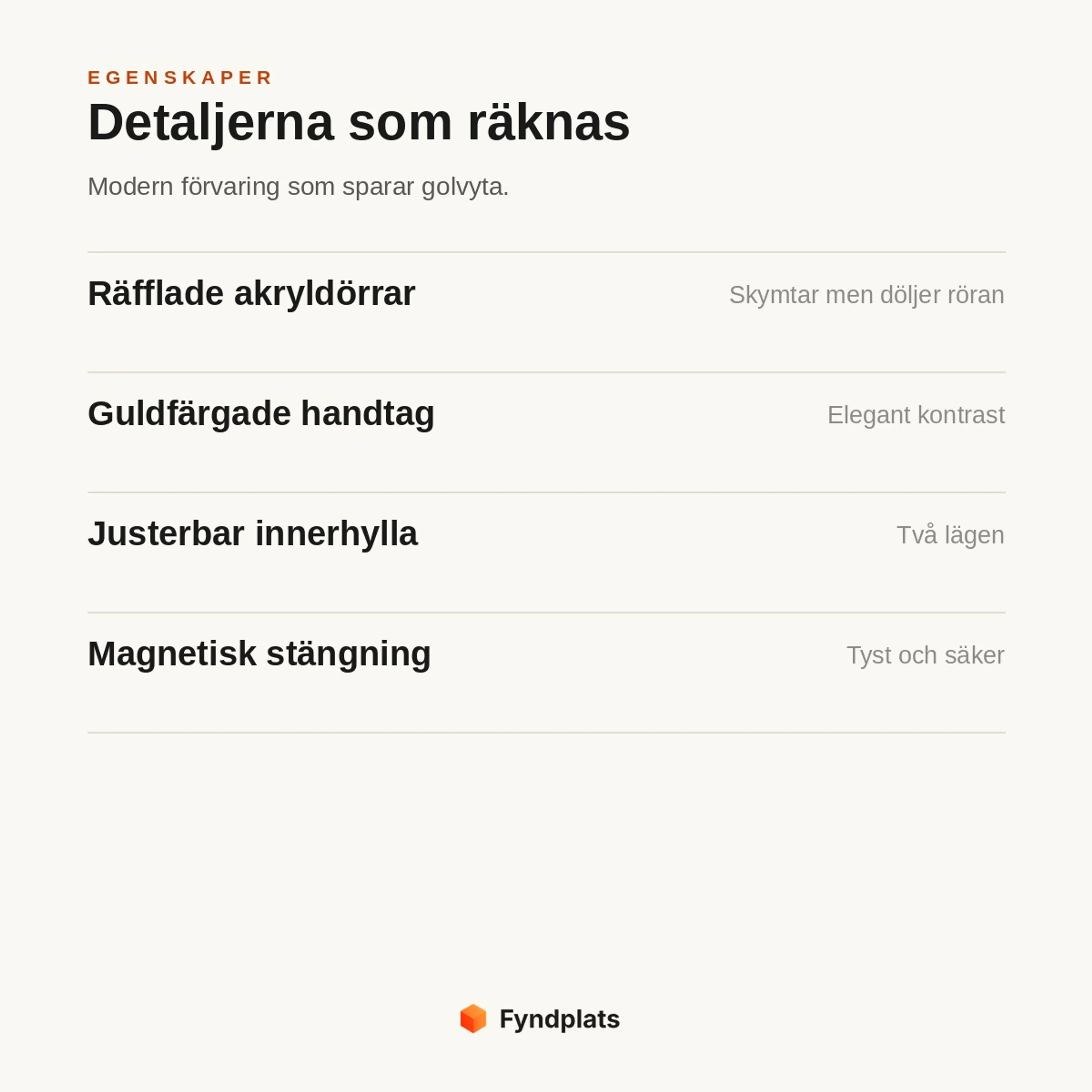 Badrumsskåpets egenskaper: räfflade akryldörrar, guldhandtag, justerbar hylla och magnetstängning