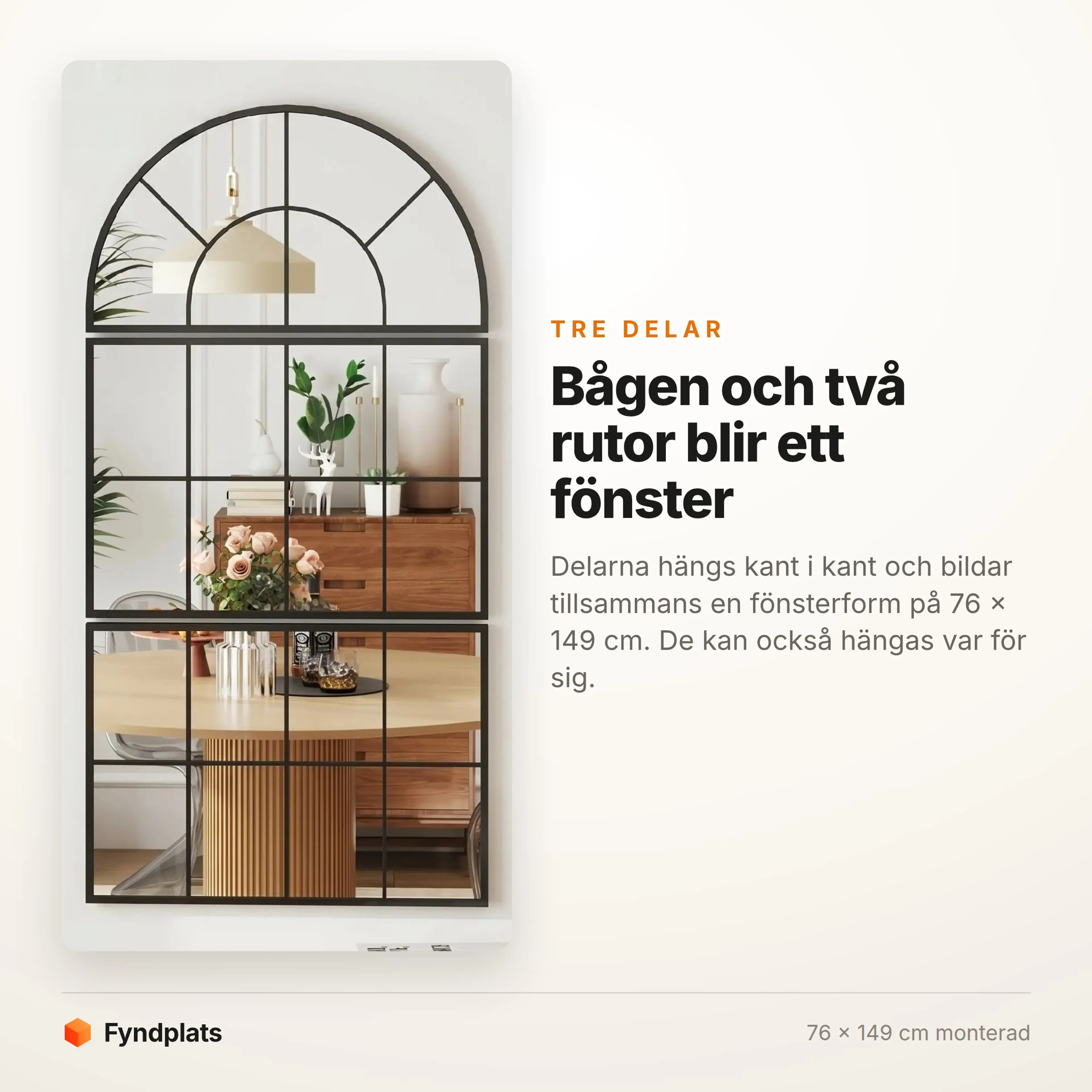 Fönsterspegel med bågformad topp och två rutindelade paneler hängda kant i kant
