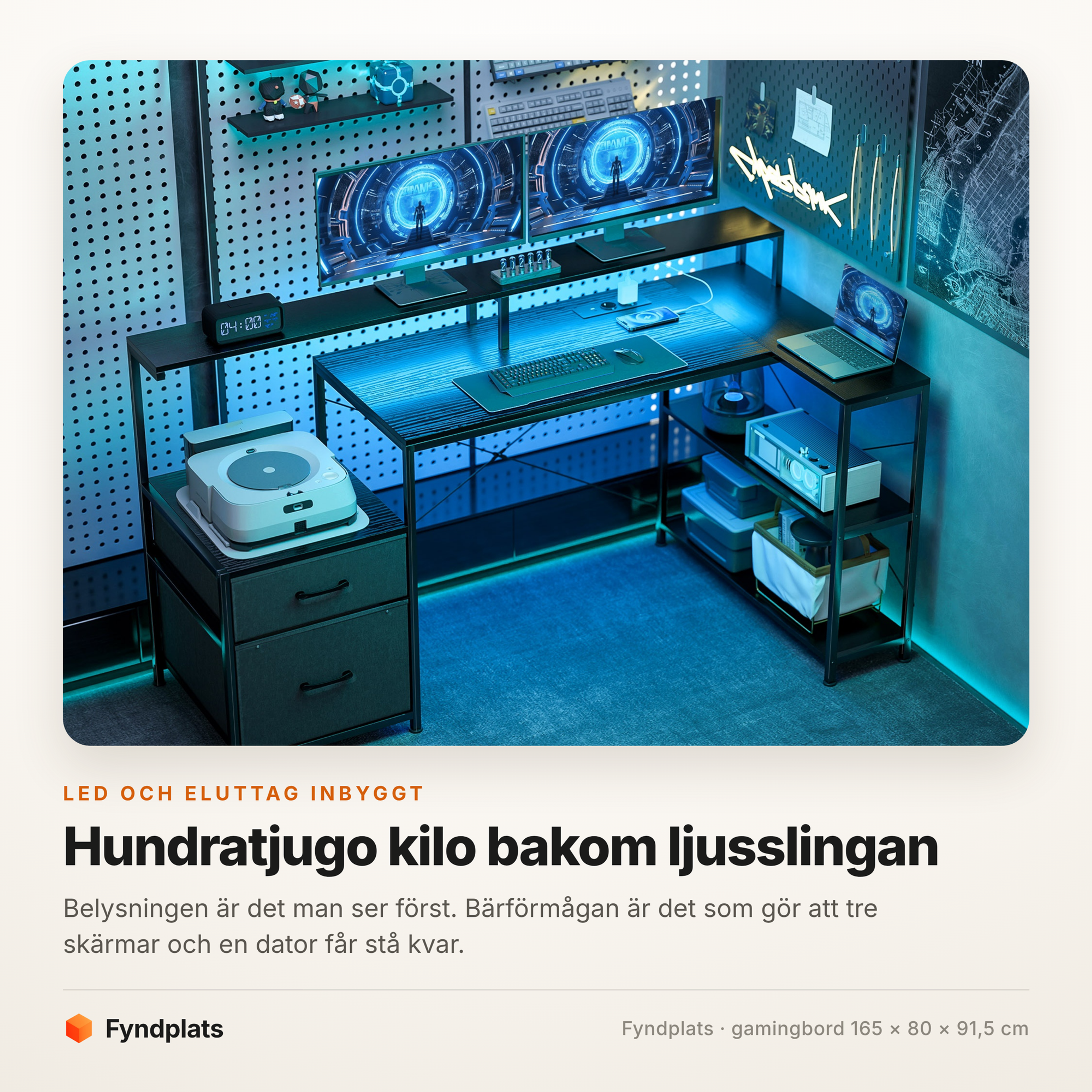 Gamingbord 165 cm i L-form med LED och eluttag – bild 2