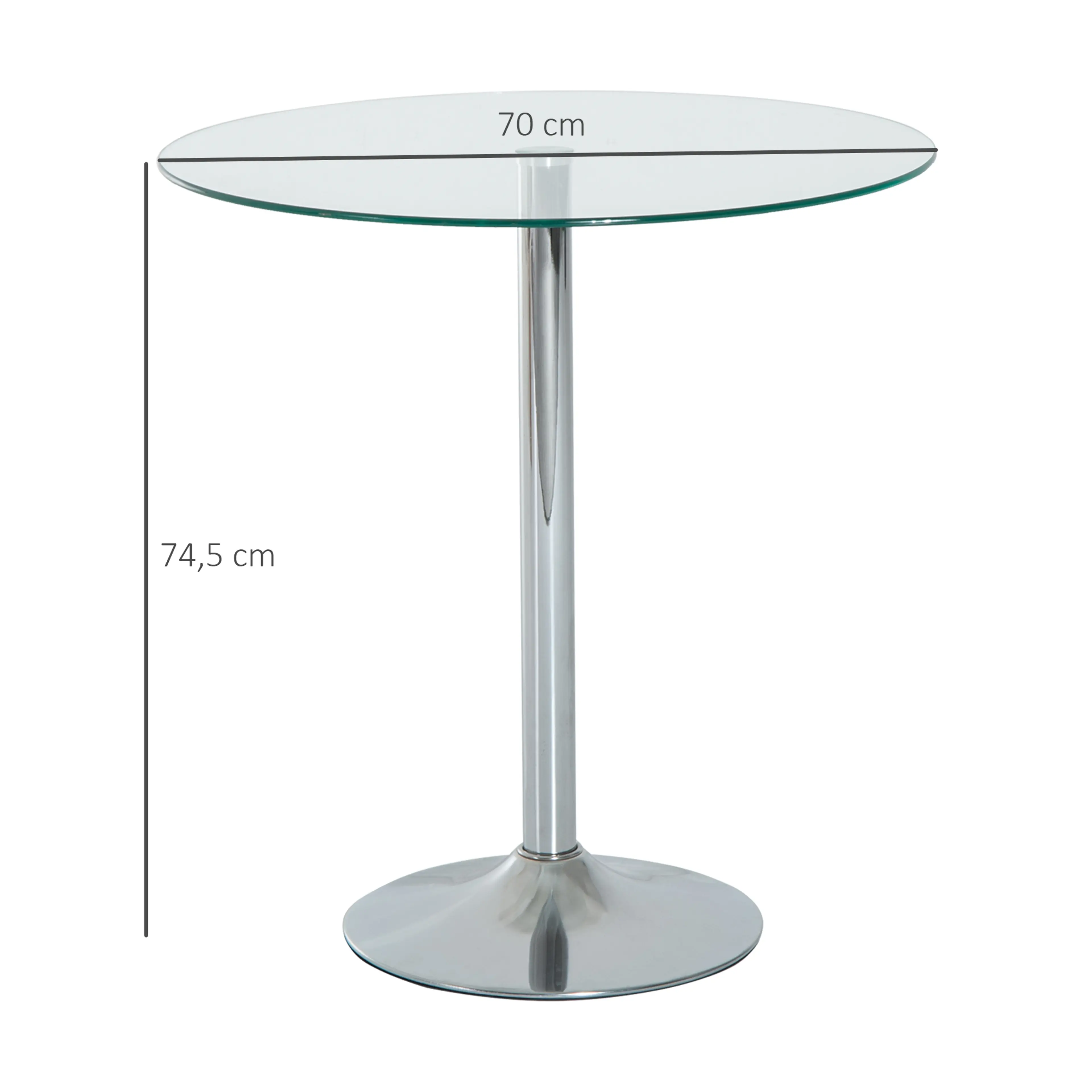 Måttbild: bordet är 70 cm i diameter och 74,5 cm högt