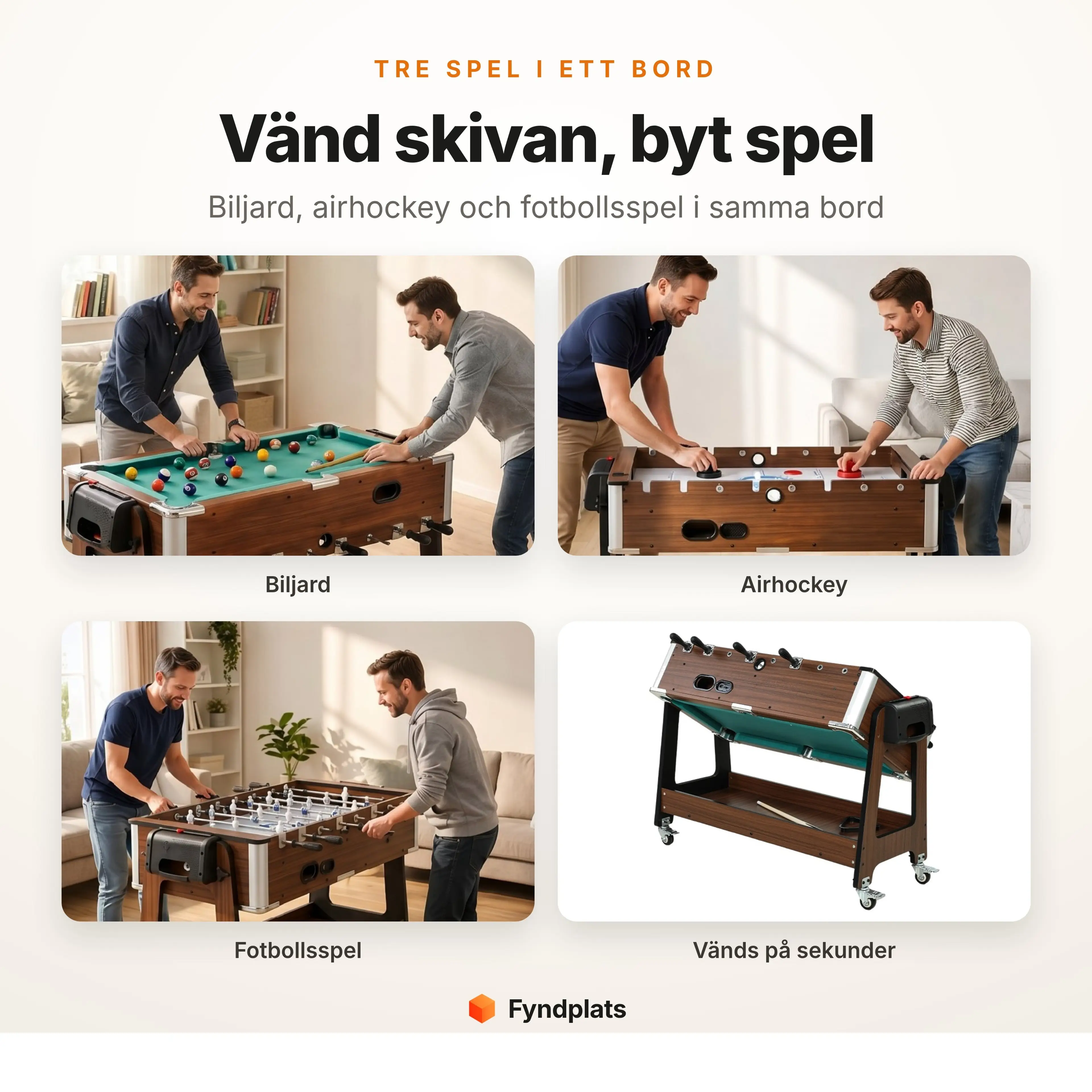 Spelbordets tre spellägen – biljard, airhockey och fotbollsspel – och den vändbara spelskivan
