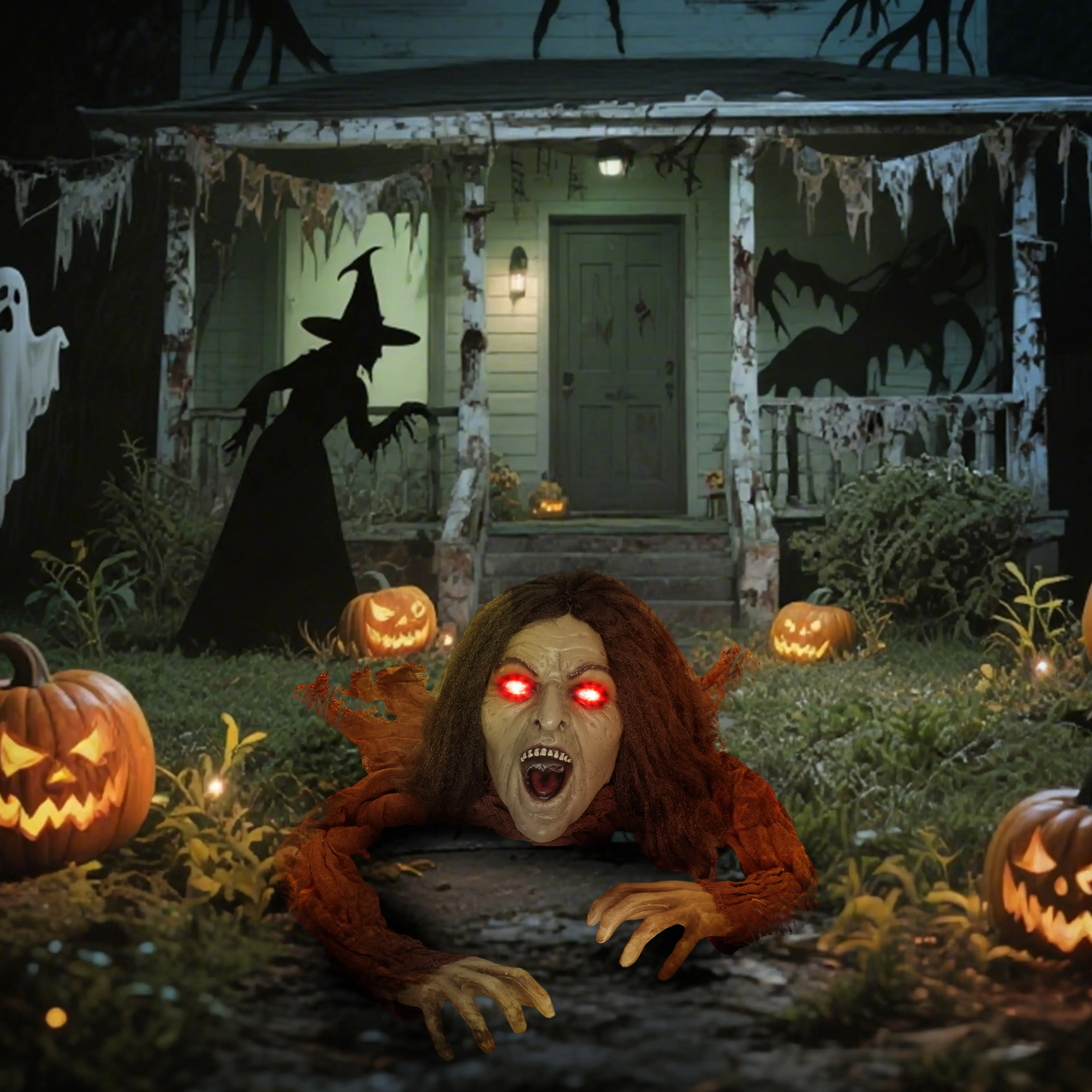 Zombien i en trädgård med pumpor framför ett hus en halloweenkväll