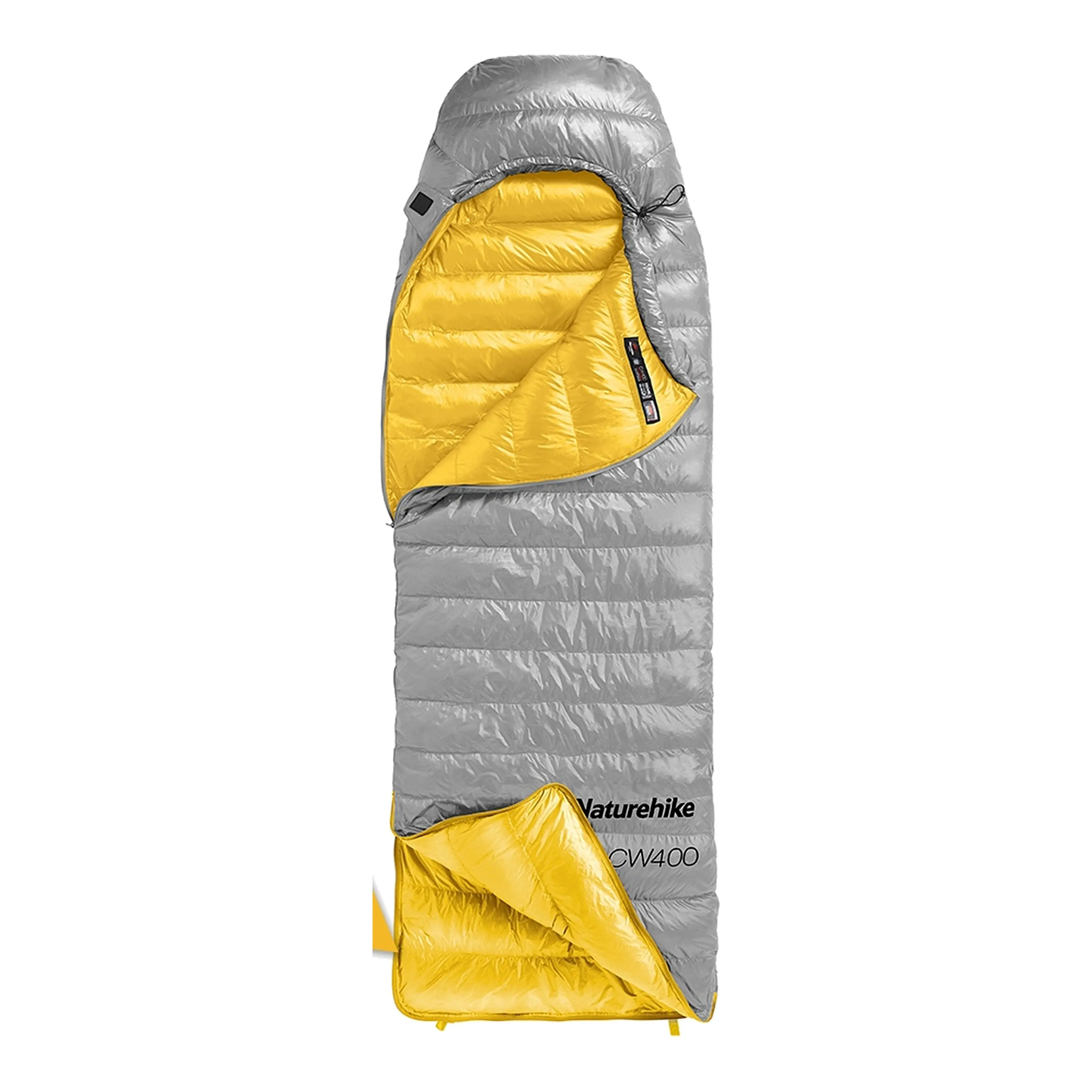 Naturehike CW400 dunsovsäck i grått med gult foder, mot vit bakgrund