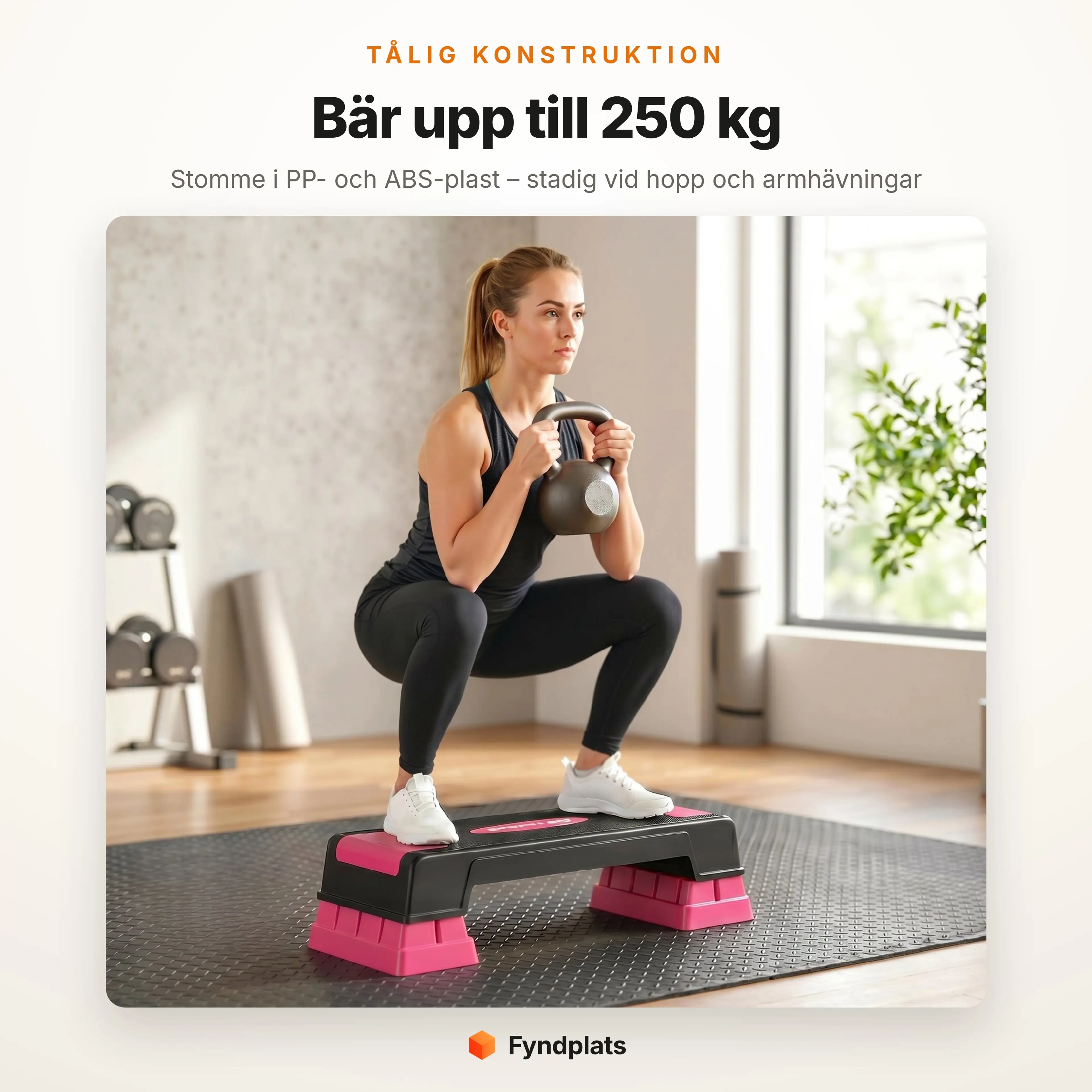 Stepbrädan bär upp till 250 kg – knäböj med kettlebell på brädan