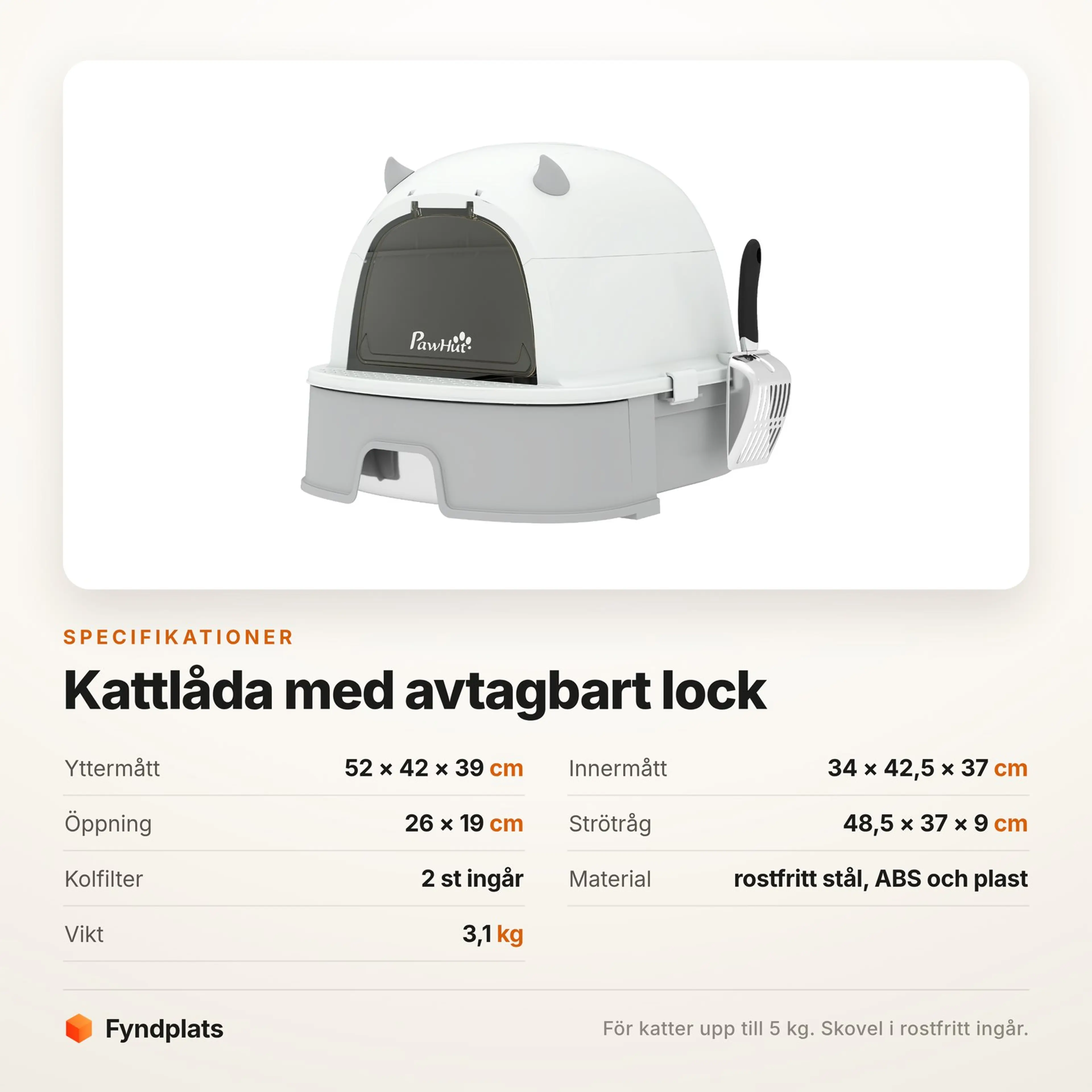 Specifikationskort för kattlåda med avtagbart lock: 52 × 42 × 39 cm, två kolfilter och 3,1 kg