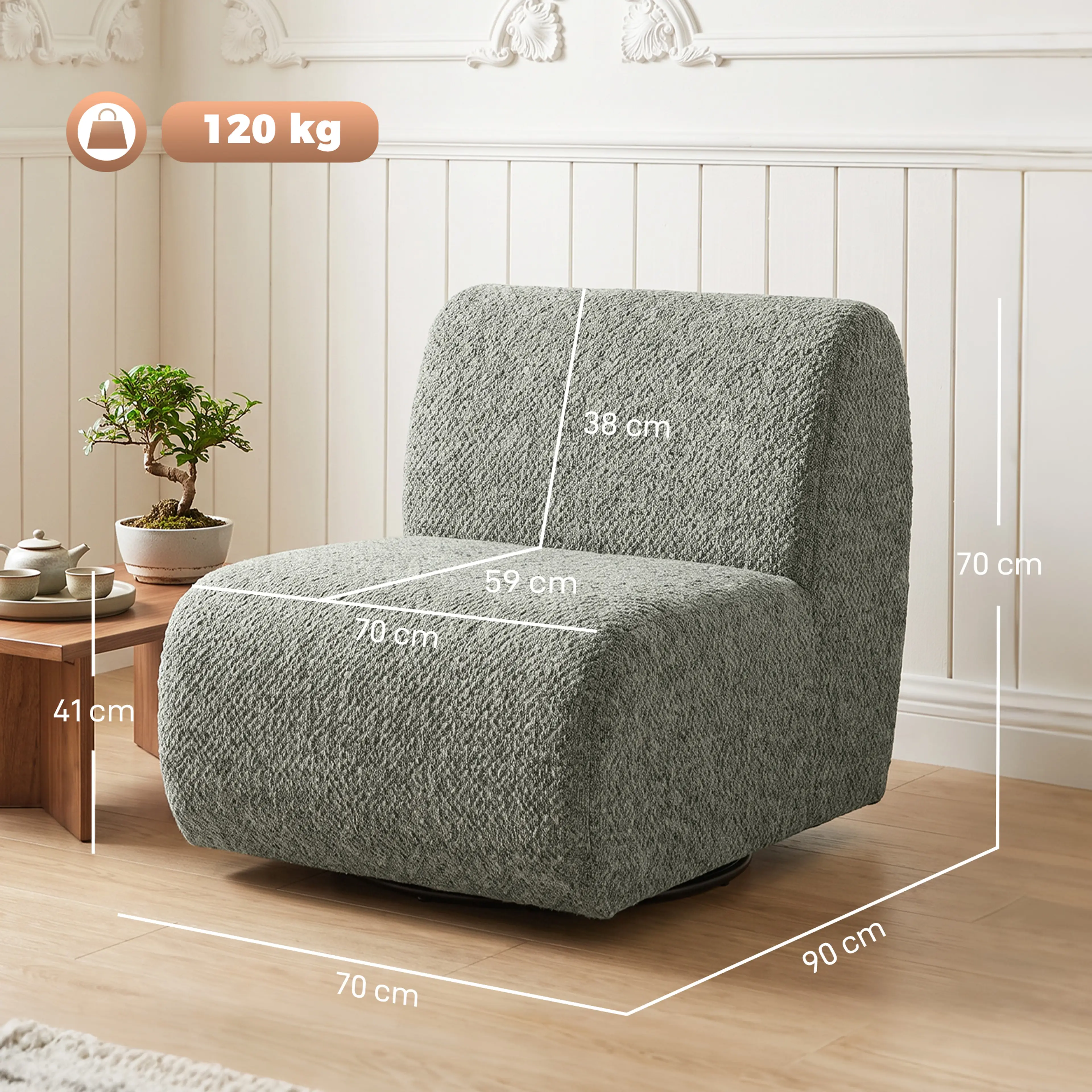 Måttskiss: 70 × 90 × 70 cm, sits 70 × 59 cm, sitthöjd 41 cm