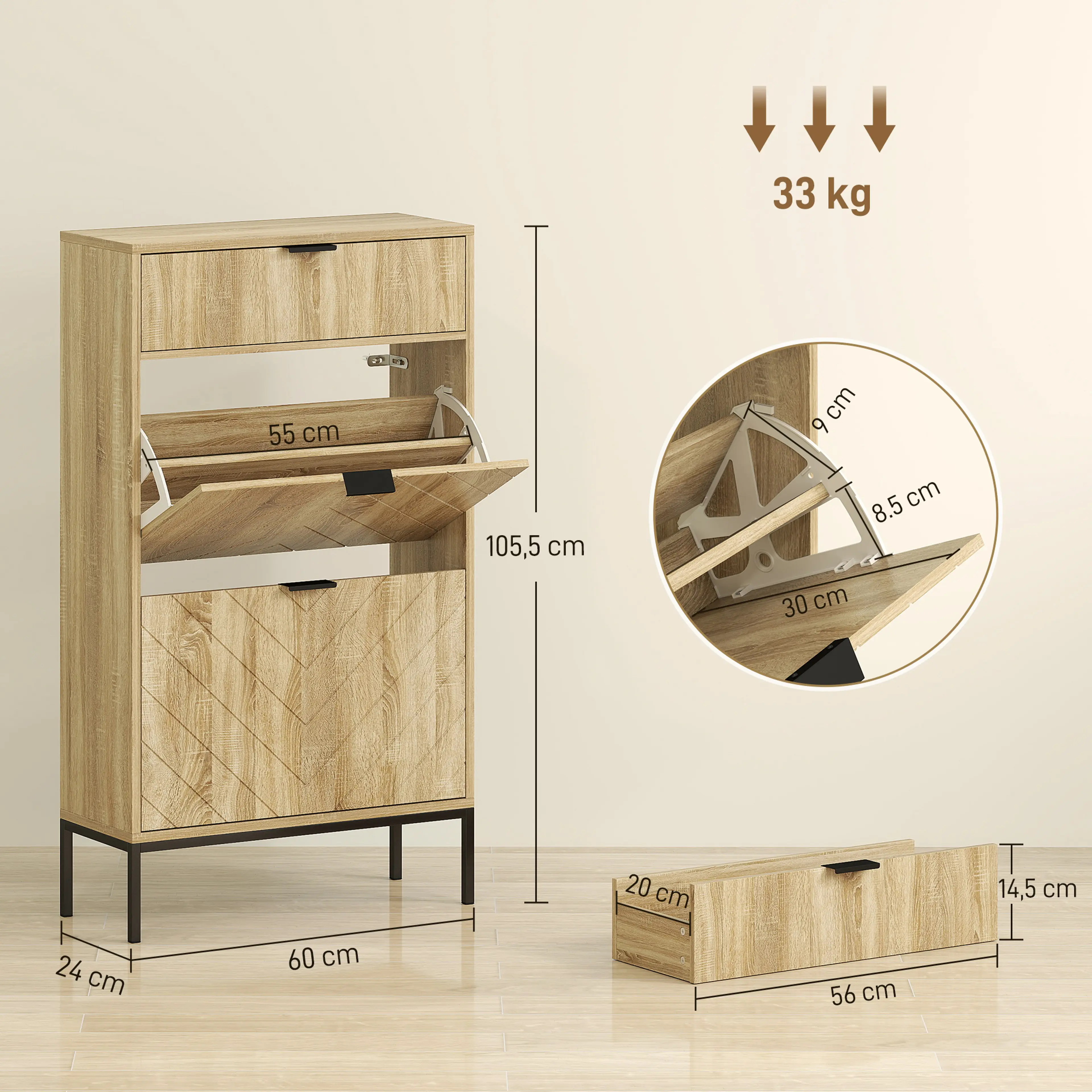 Måttskiss för skoskåpet: 105,5 cm högt, 60 cm brett och 24 cm djupt