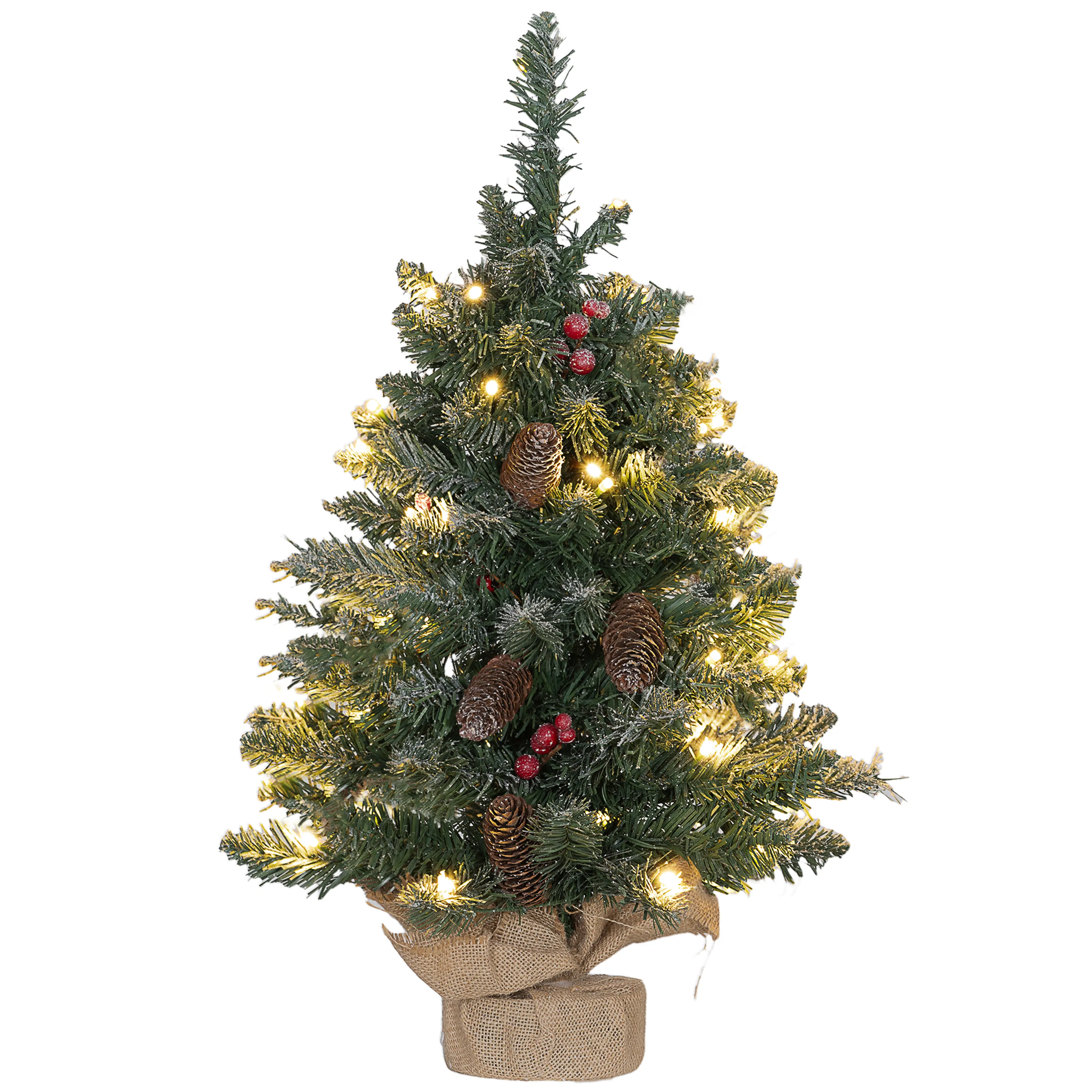 Julgran 60 cm med tända LED-lampor, kottar, röda bär och fot inslagen i tyg