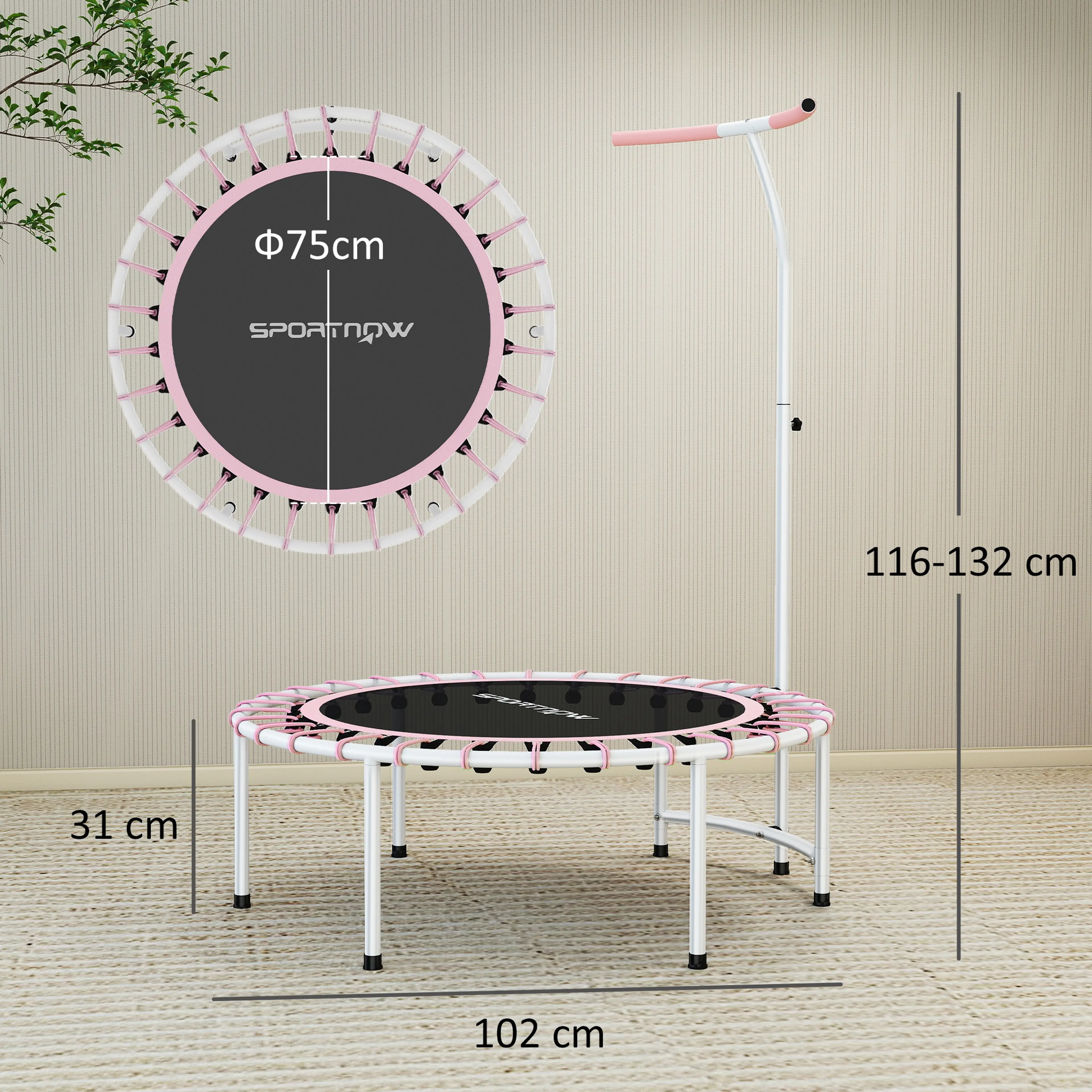 Måttskiss: 102 cm diameter, hoppyta 75 cm, höjd 31 cm, handtag 116–132 cm