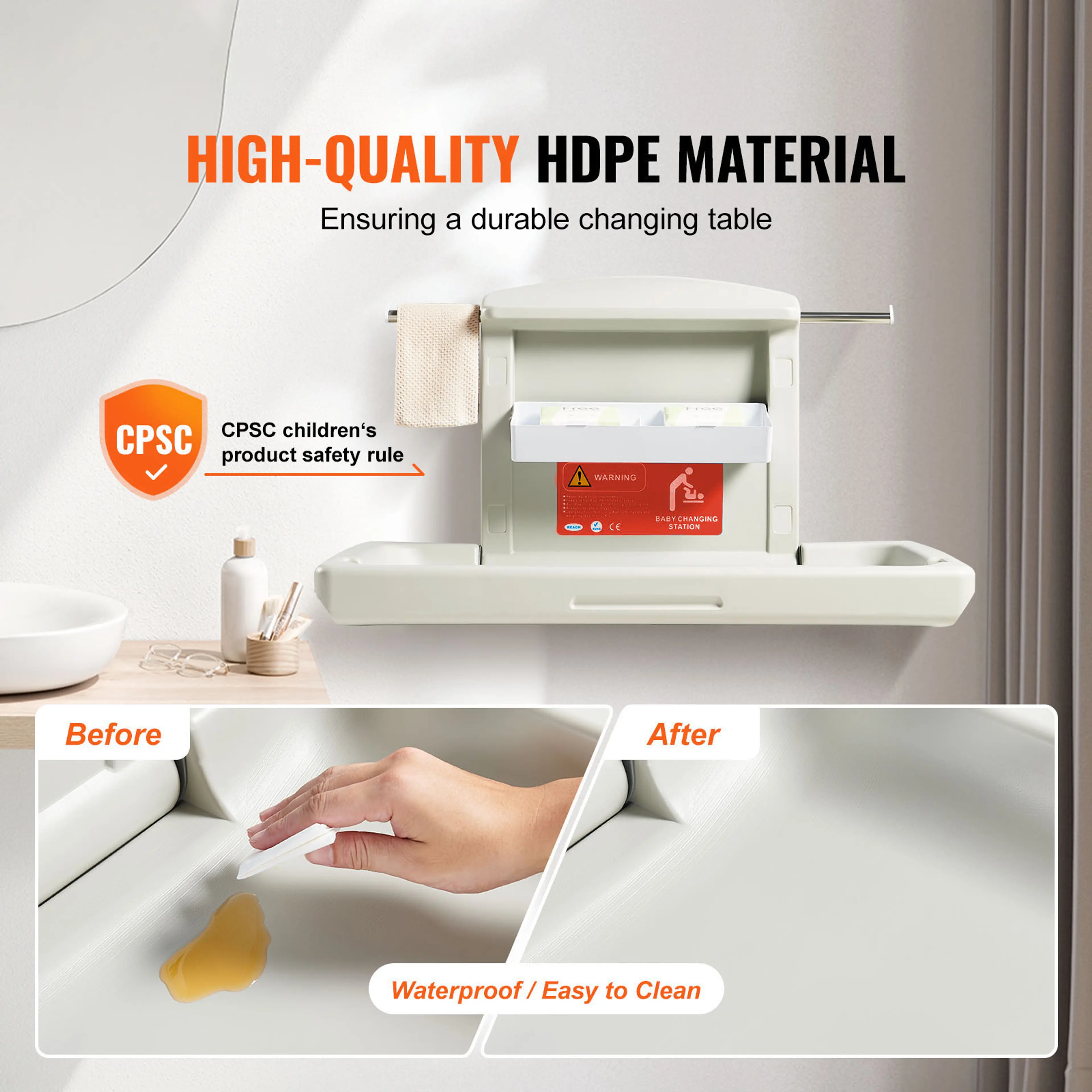 Väggmonterat skötbord – fällbart för vägg med säkerhetsbälte och krokar