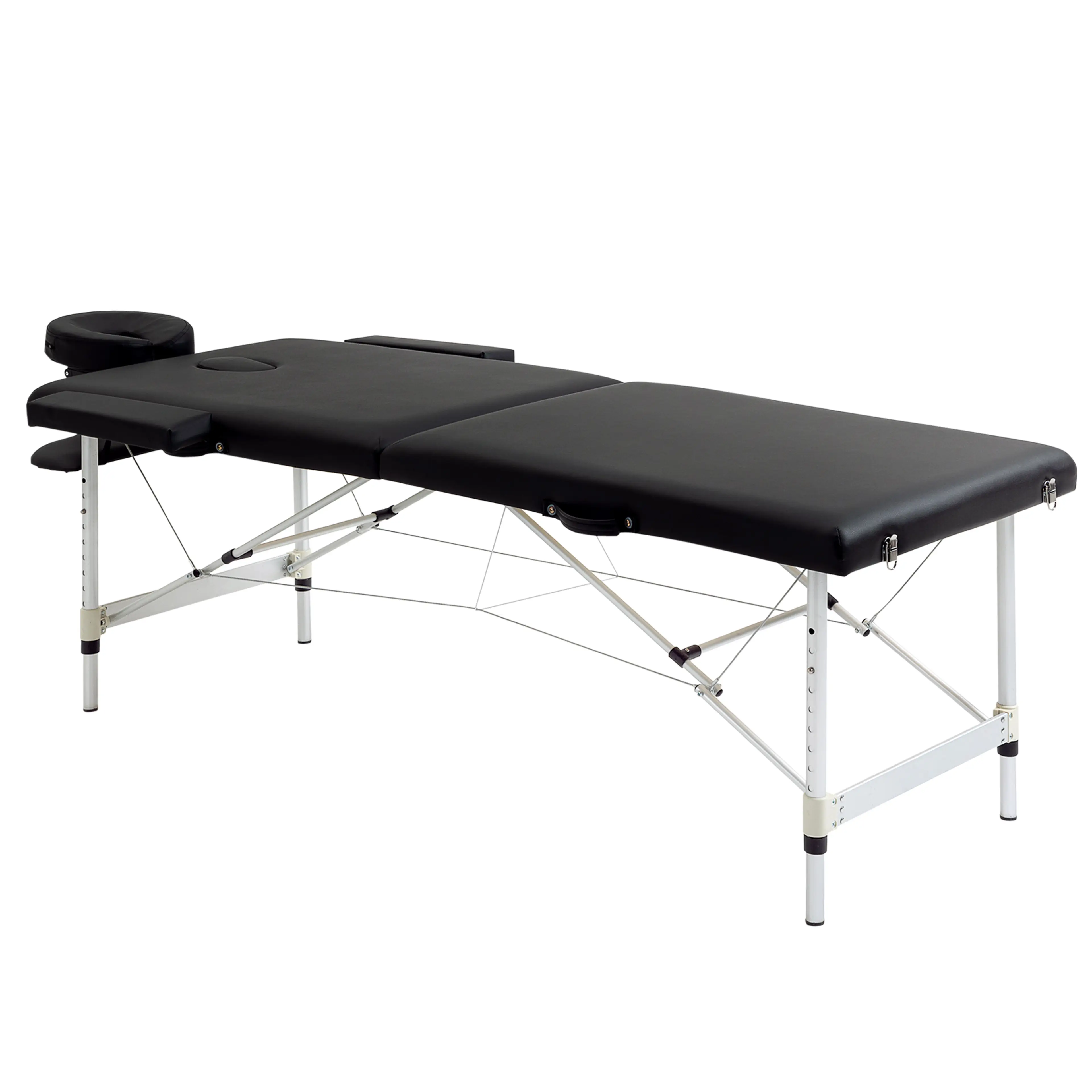 Svart hopfällbar massagebänk med ansiktsstöd och ben i aluminium, på vit bakgrund