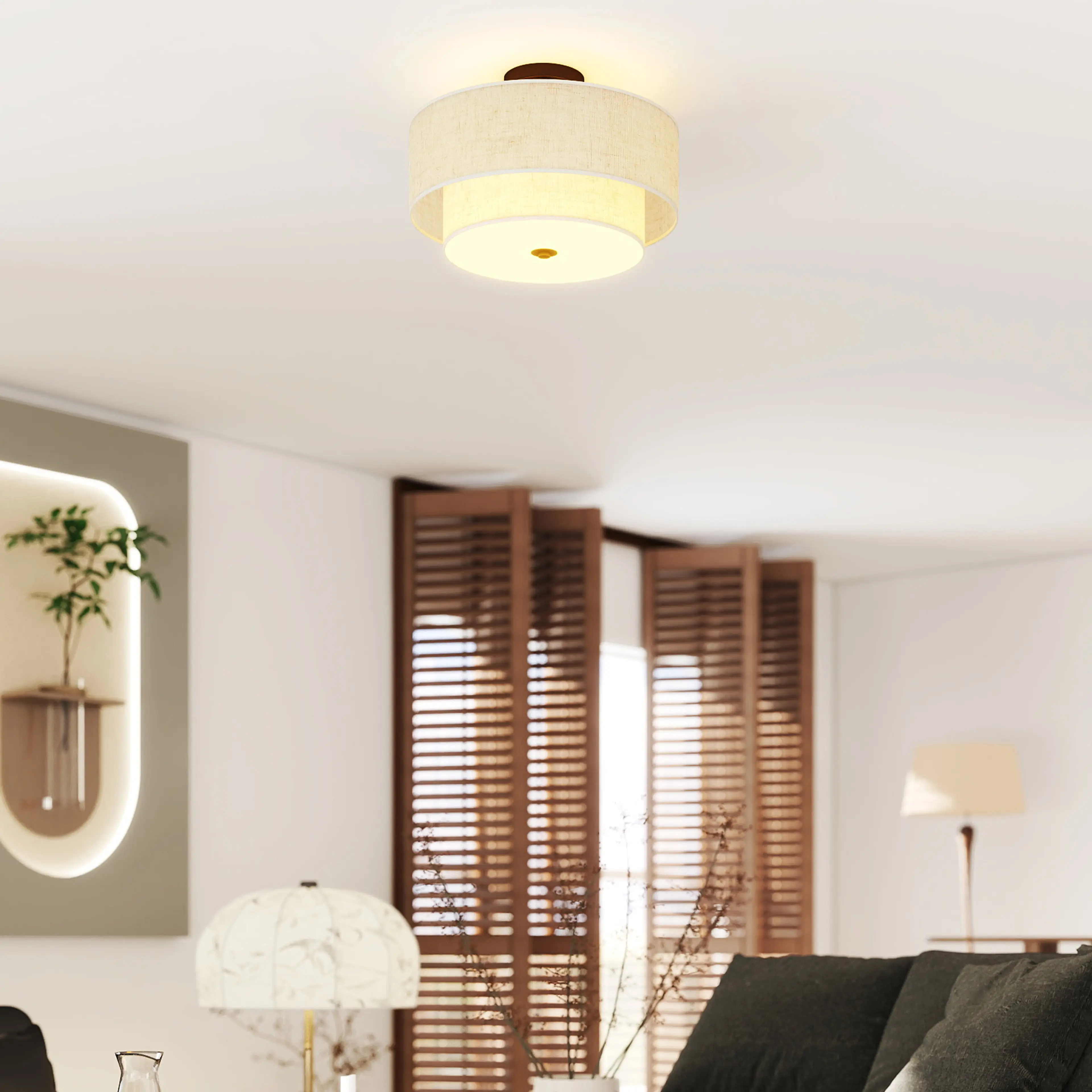 Taklampa med dubbel linneskärm Ø40 cm – tre E14, krämvit och svart – bild 7