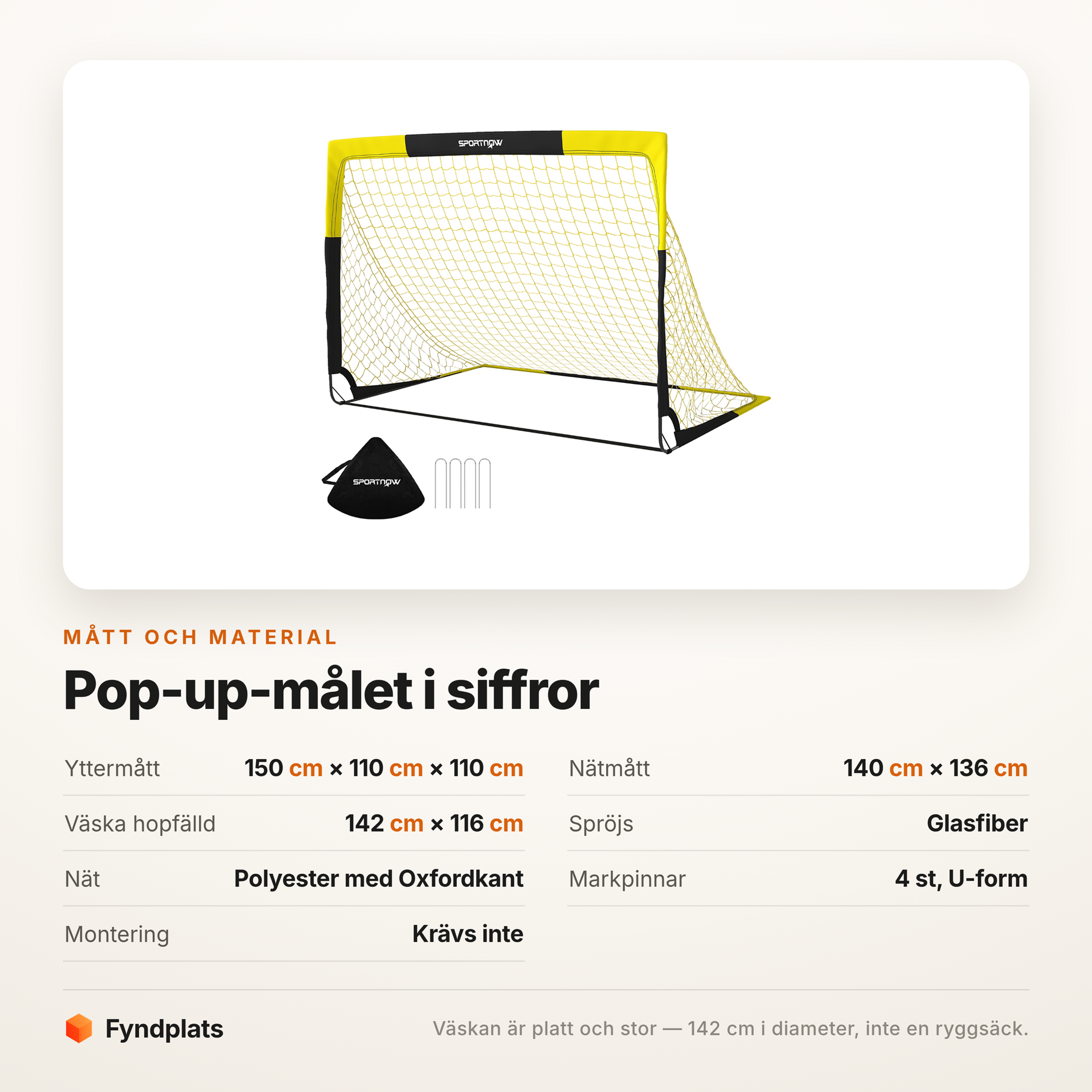 Specifikationstabell för pop-up-målet: mått, nät, väska och material