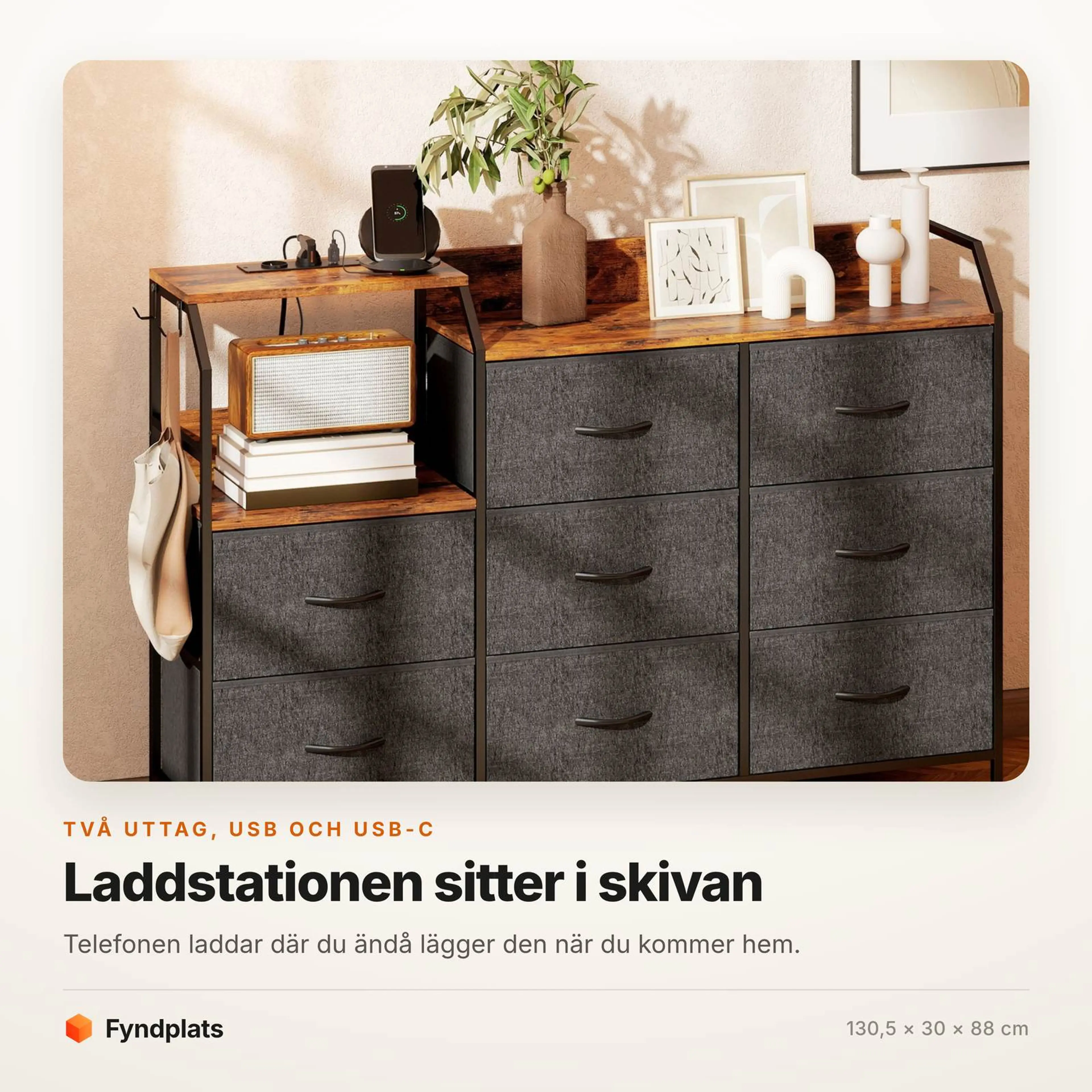 Faktakort: laddstation i skivan med två eluttag, USB och USB-C