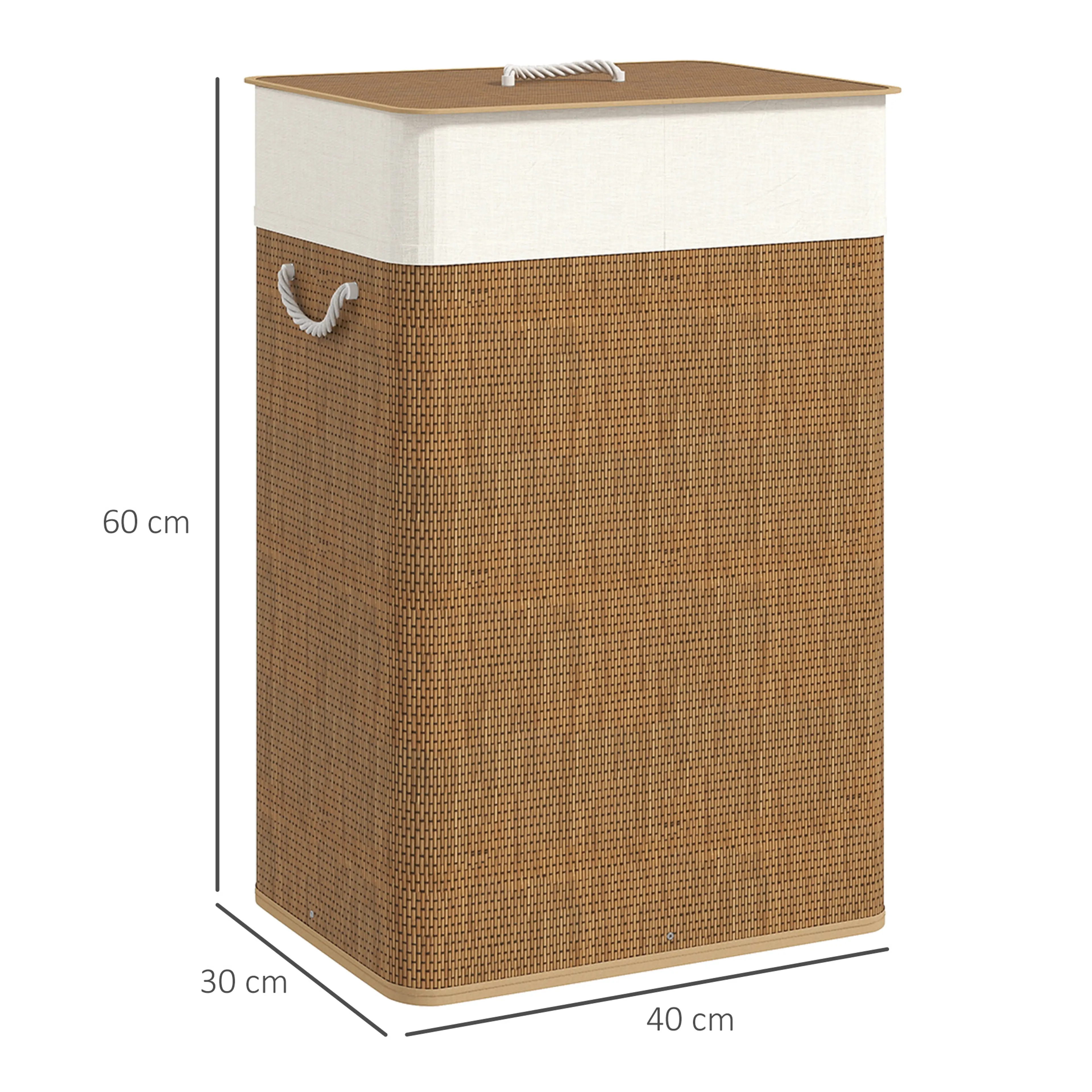 Måttskiss av tvättkorgen i bambu med måtten 40 cm bred, 30 cm djup och 60 cm hög utsatta