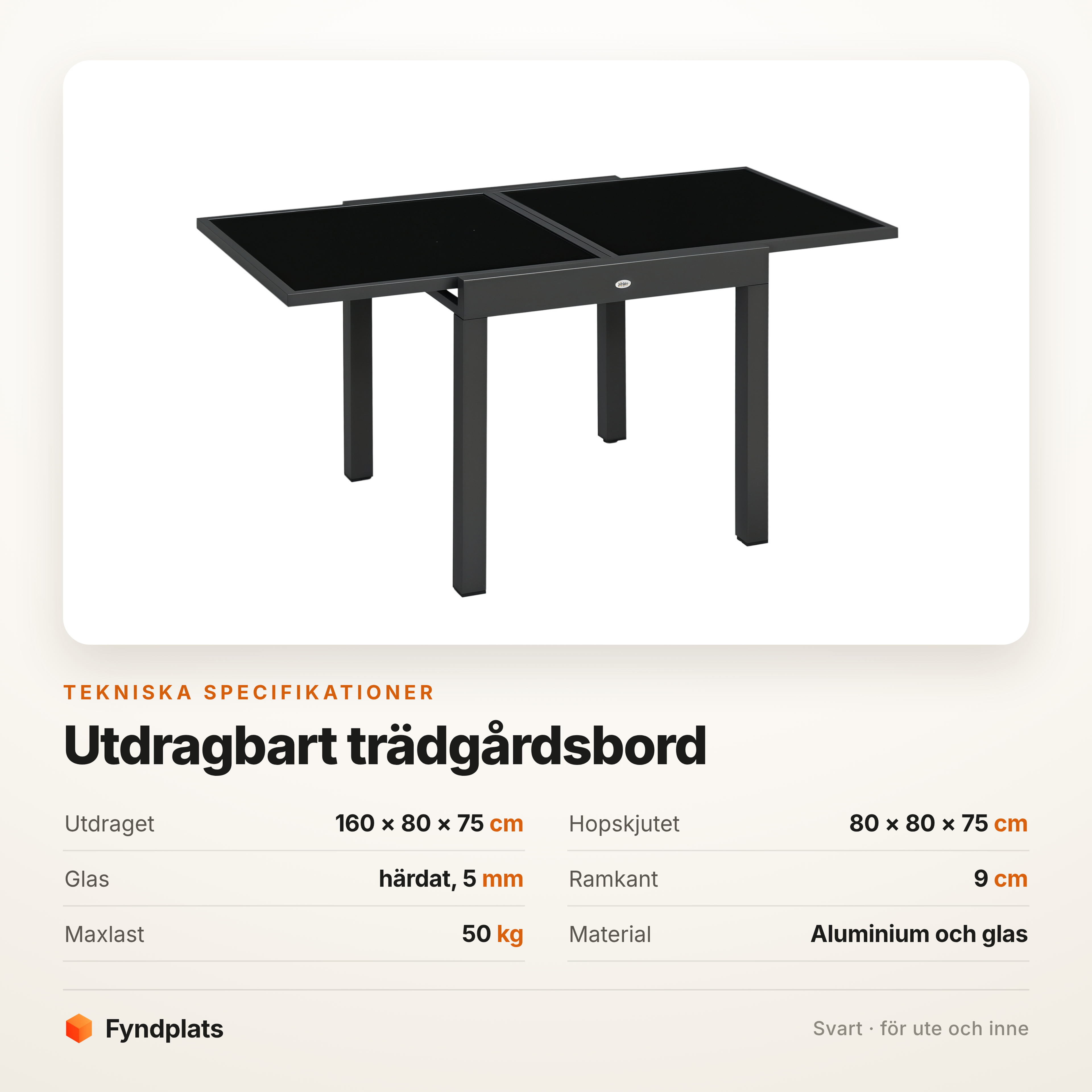 Fyndplats spec-kort för trädgårdsbordet: 160 × 80 × 75 cm utdraget, 80 × 80 × 75 cm hopskjutet, 5 mm härdat glas och maxlast 50 kg