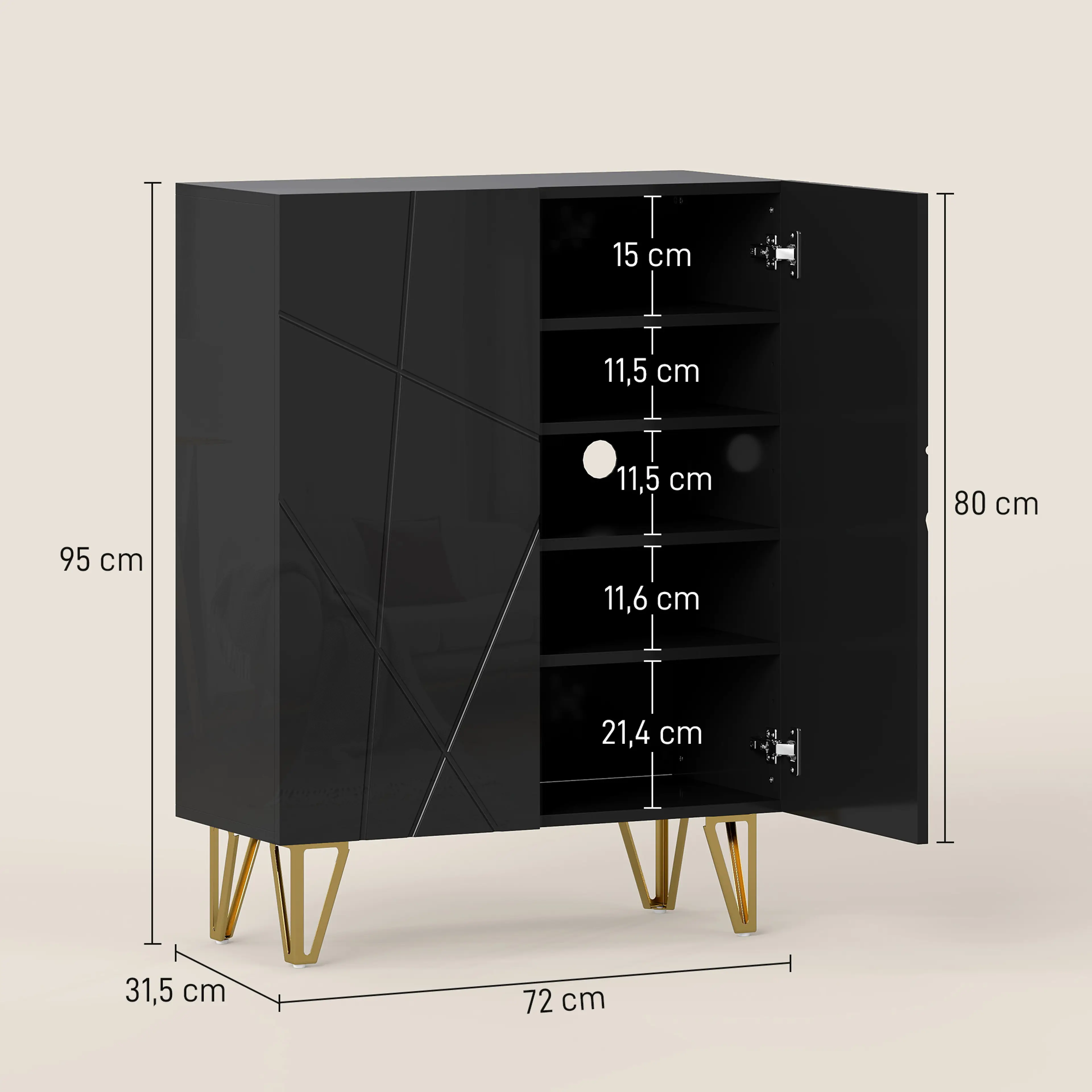 Skoskåp 72 cm i svart högglans – 15–20 par – bild 6