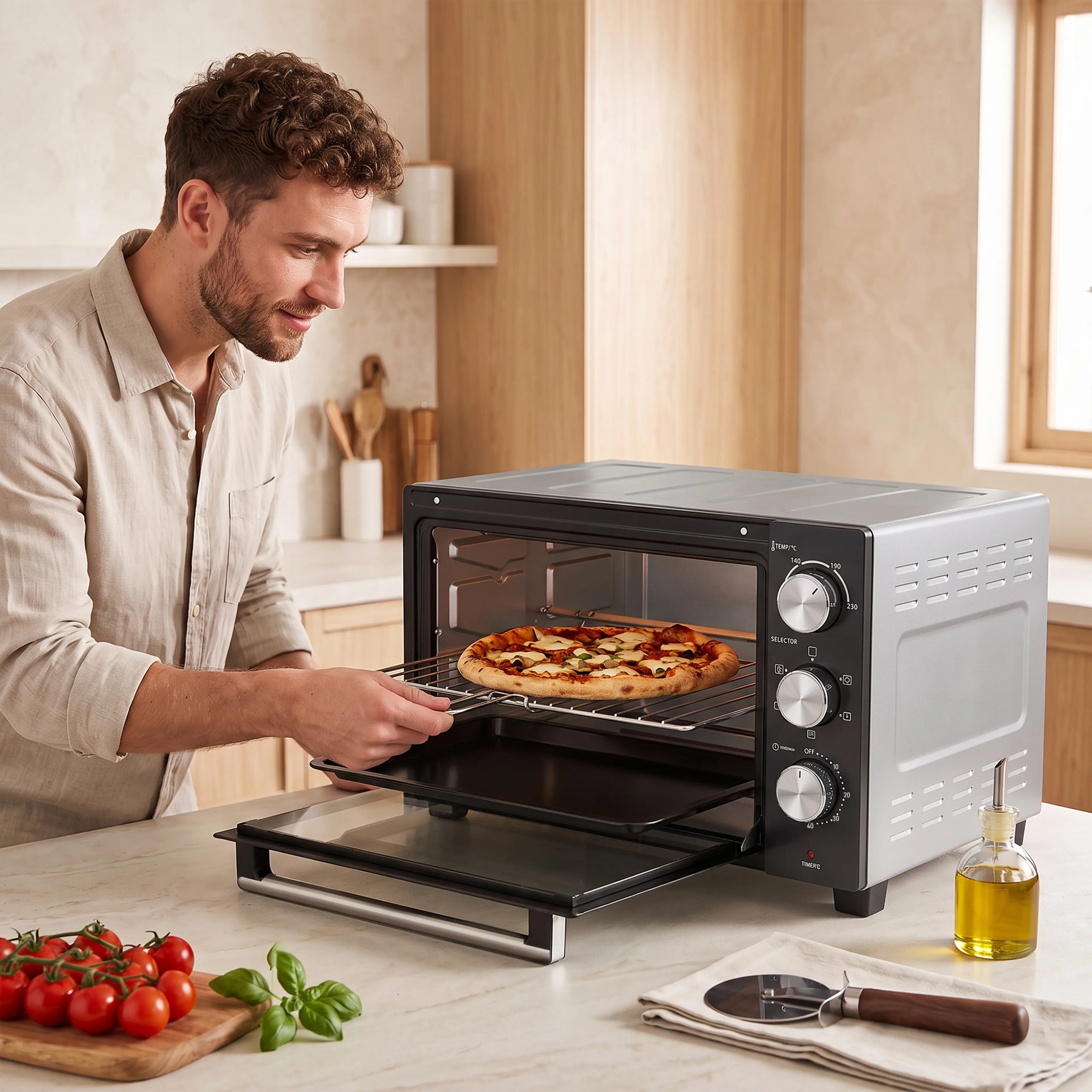 Person som skjuter in en pizza på gallret i miniugnen
