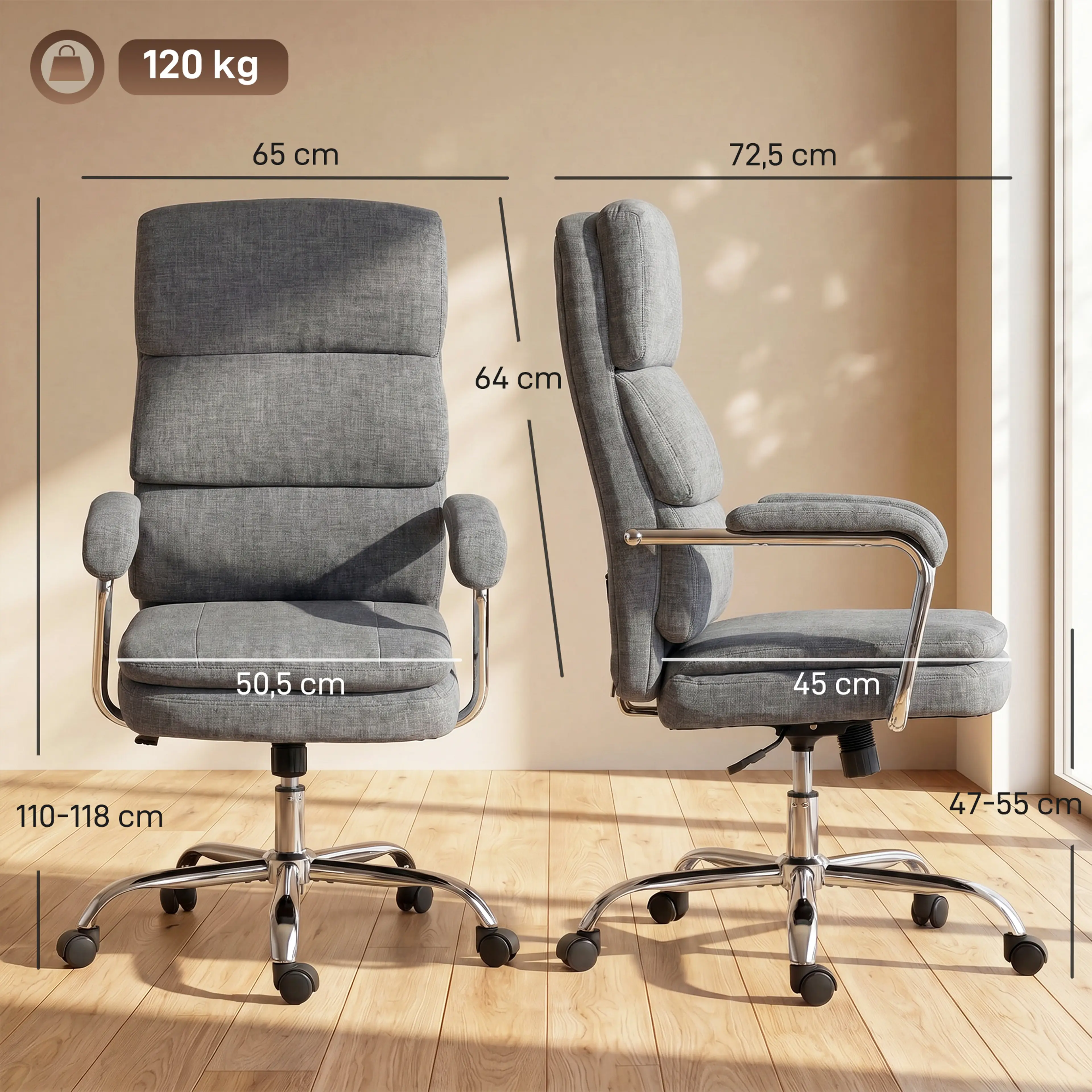 Måttritning med bredd 65 cm, djup 72,5 cm, höjd 110–118 cm och sitthöjd 47–55 cm