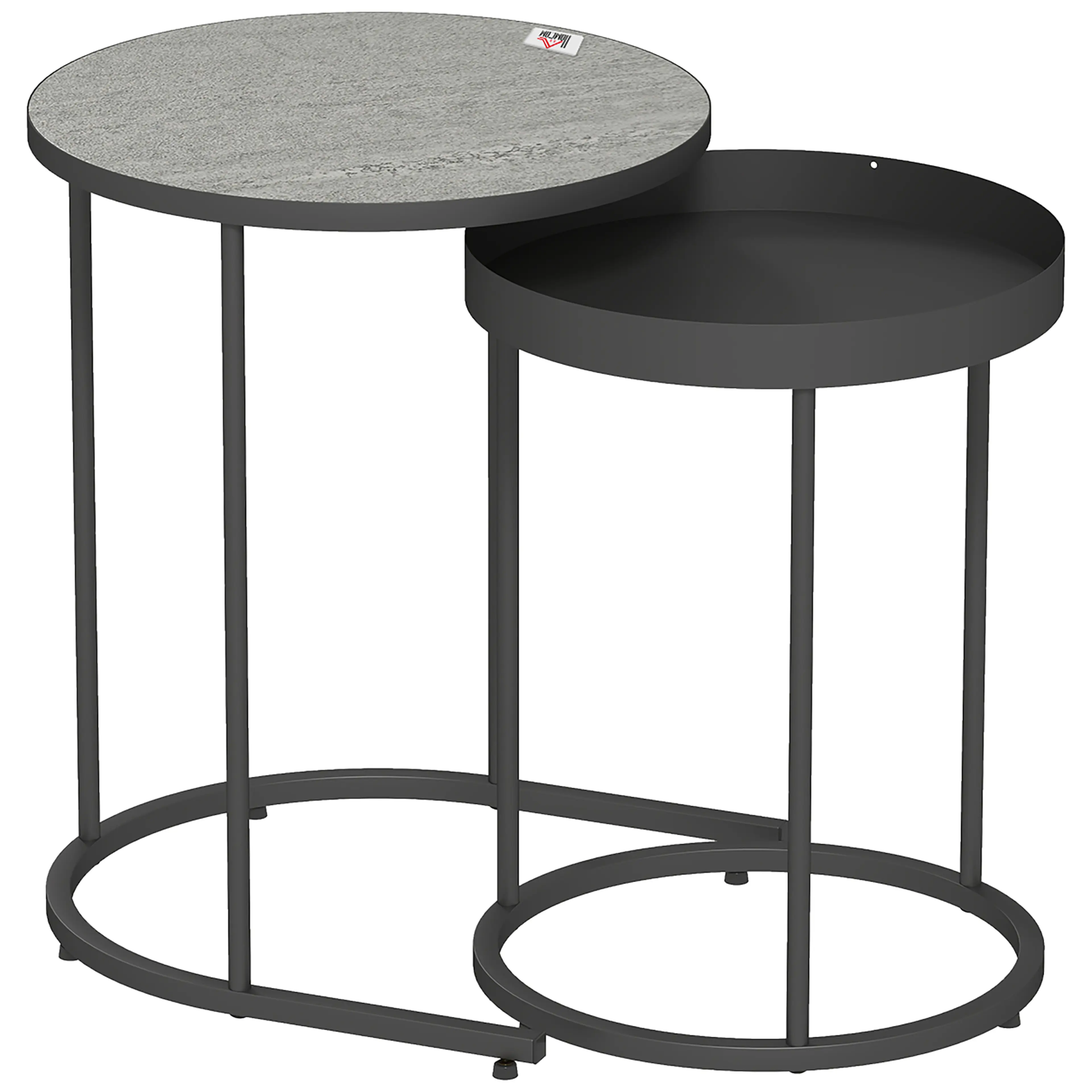 Två runda satsbord i svart metall, det stora med grå skiva och det lilla som brickbord med kant, på vit bakgrund