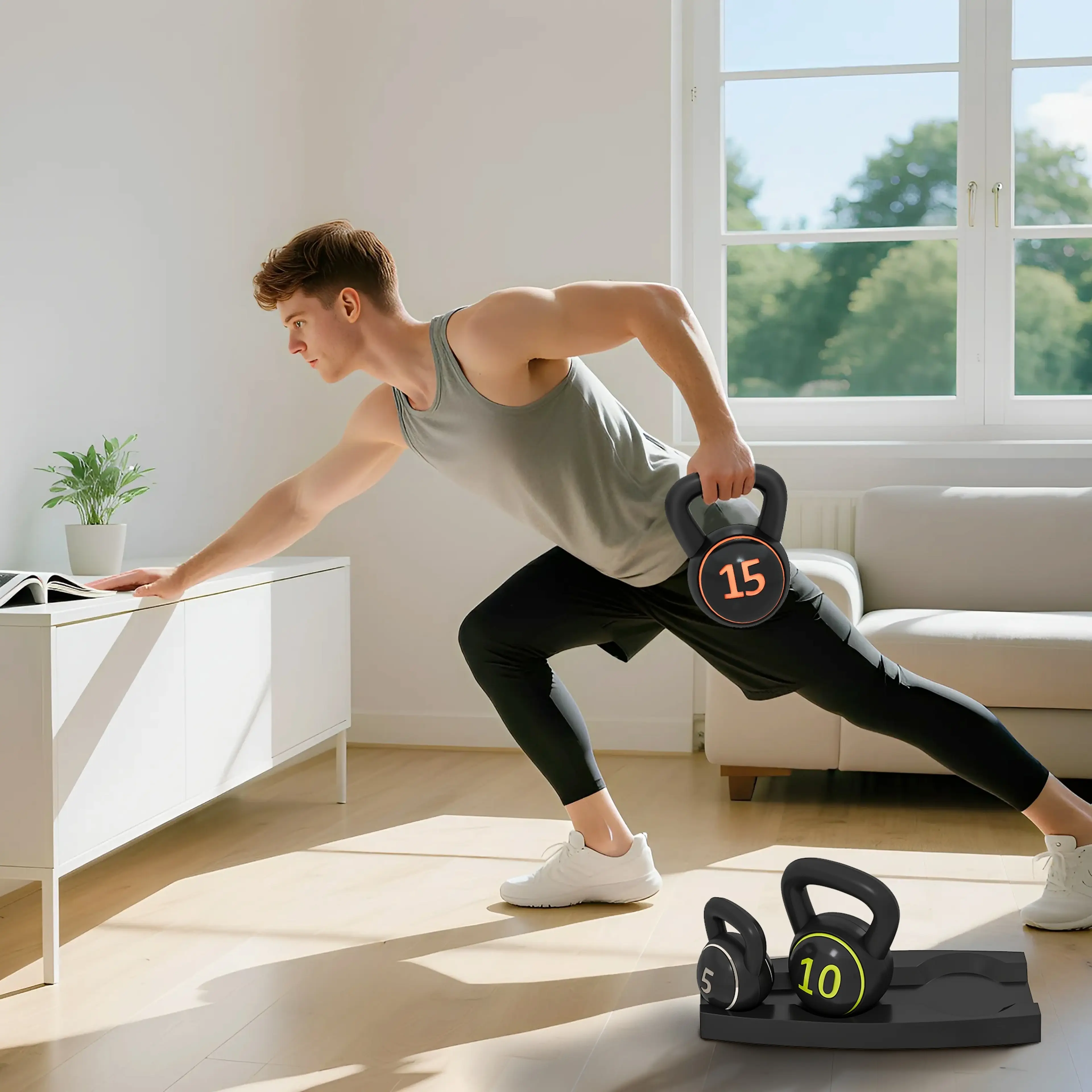 En man gör utfallssteg med en kettlebell i handen i ett ljust vardagsrum, med två kettlebells till på underlaget på golvet