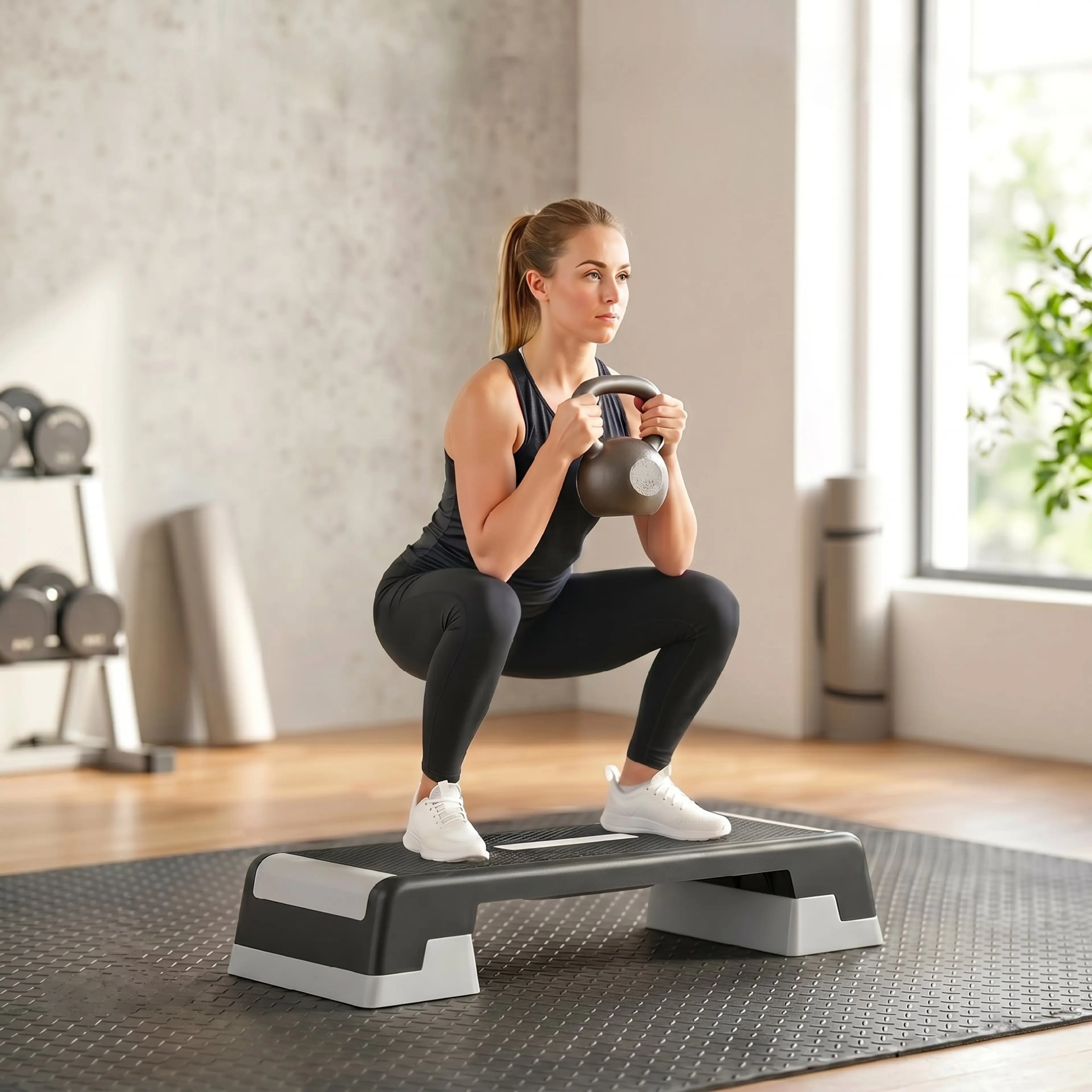 Kvinna gör knäböj med kettlebell stående på stepbrädan som tål upp till 250 kg