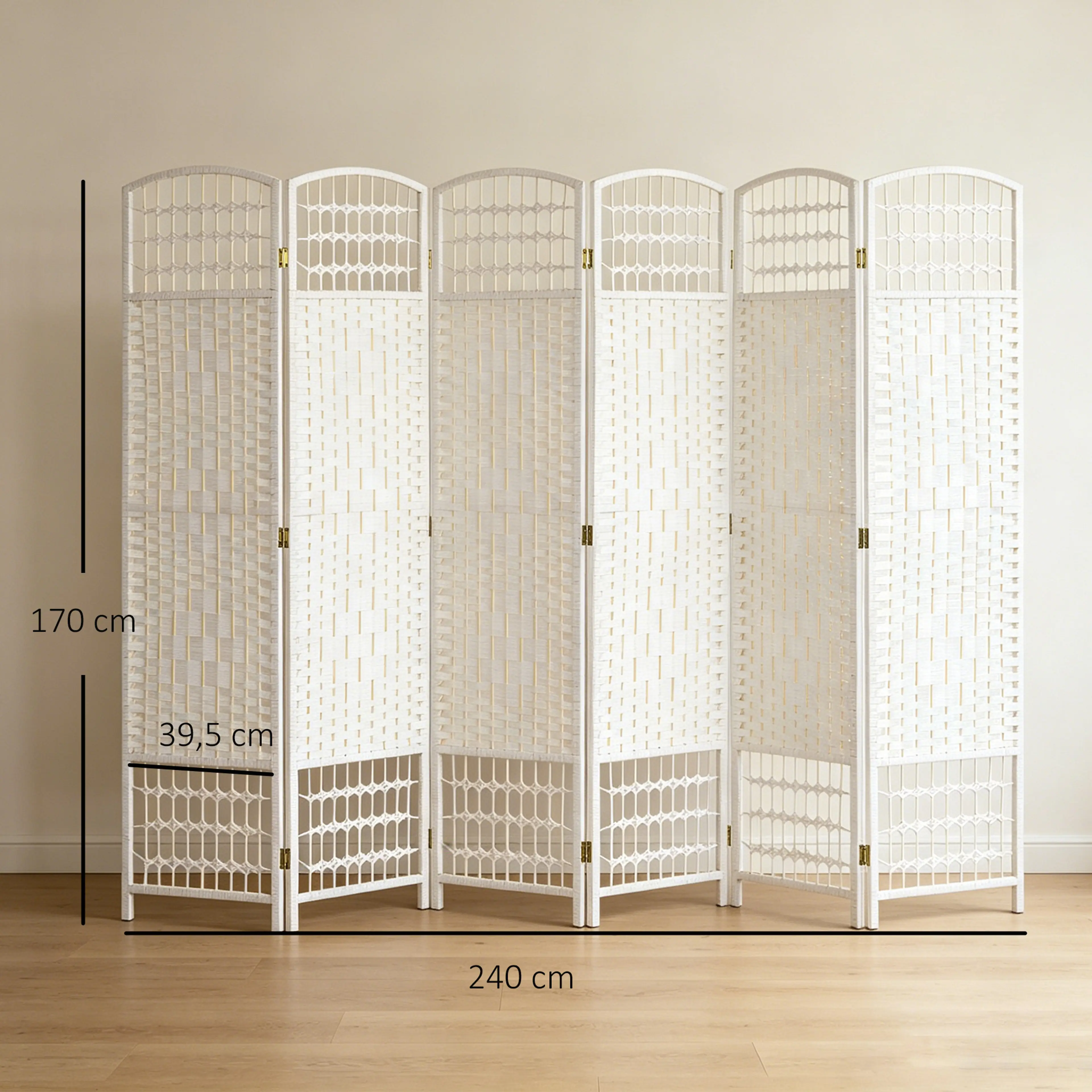 Måttskiss för rumsavdelaren: 240 cm bred, 170 cm hög, varje panel 39,5 cm
