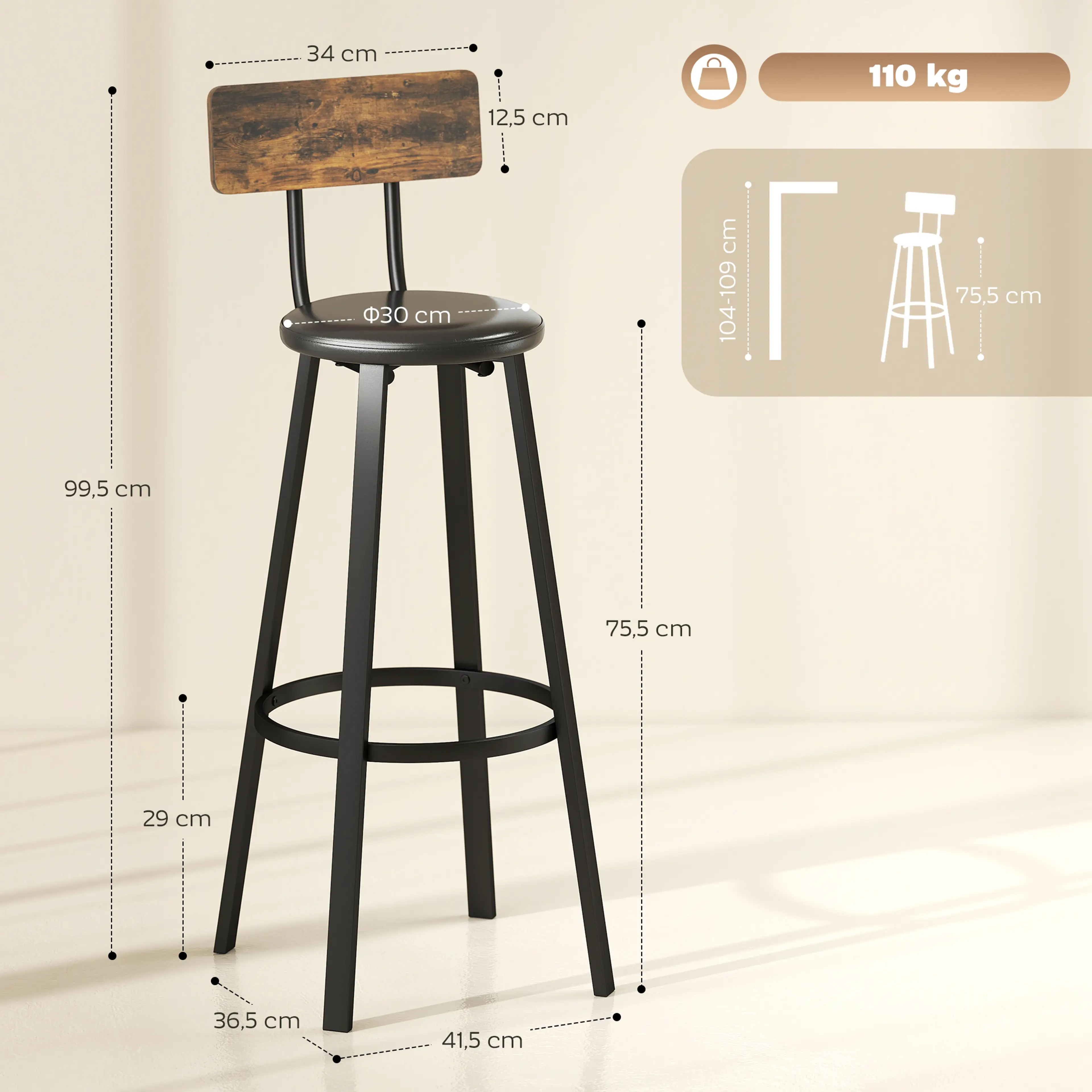 Måttskiss på barstolen med 41,5 × 36,5 × 99,5 cm, sitthöjd 75,5 cm och fotstöd 29 cm över golvet